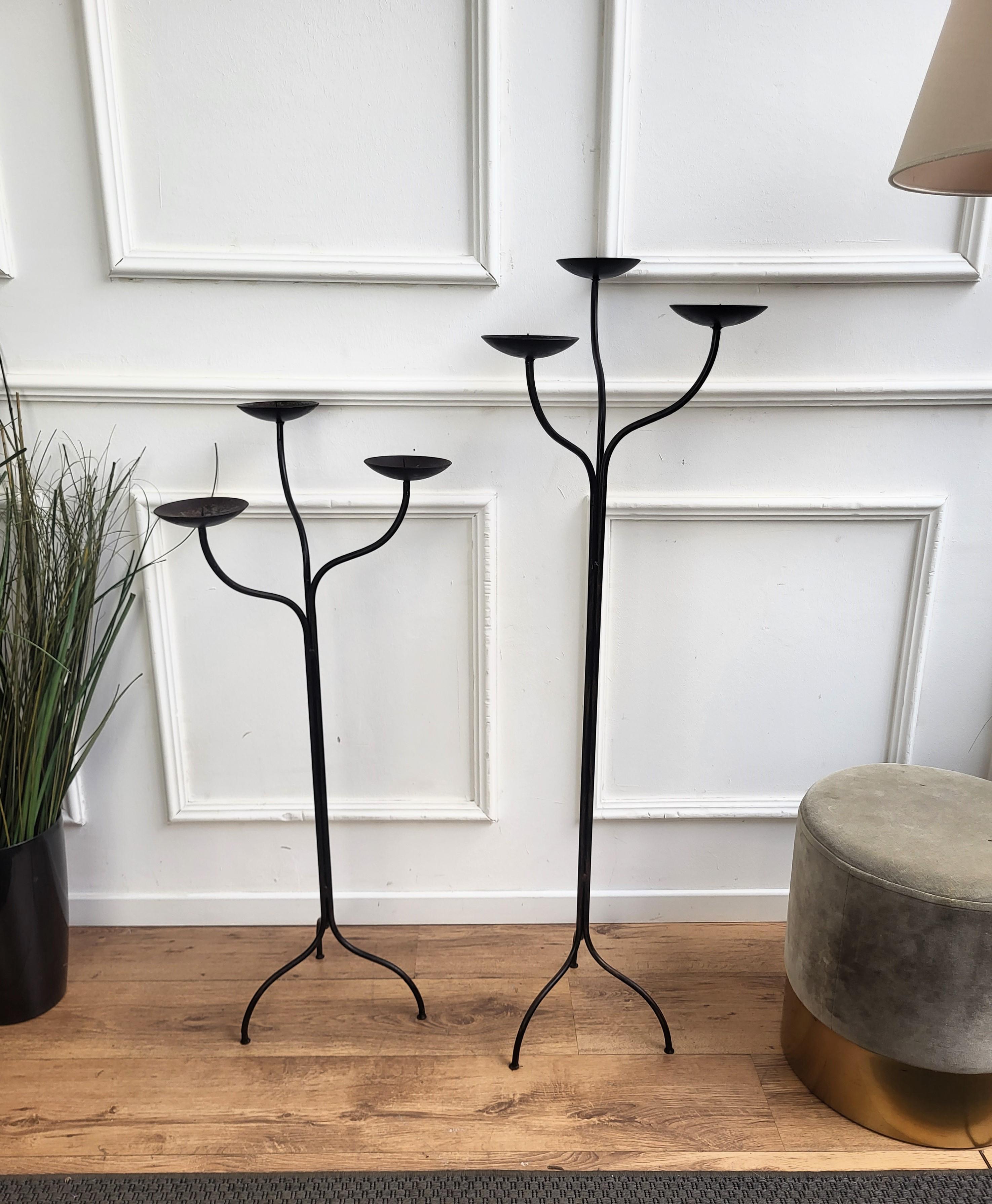 Pair of Wrought Iron Tall Floor Candle Holders in Brutalist Style For Sale 1