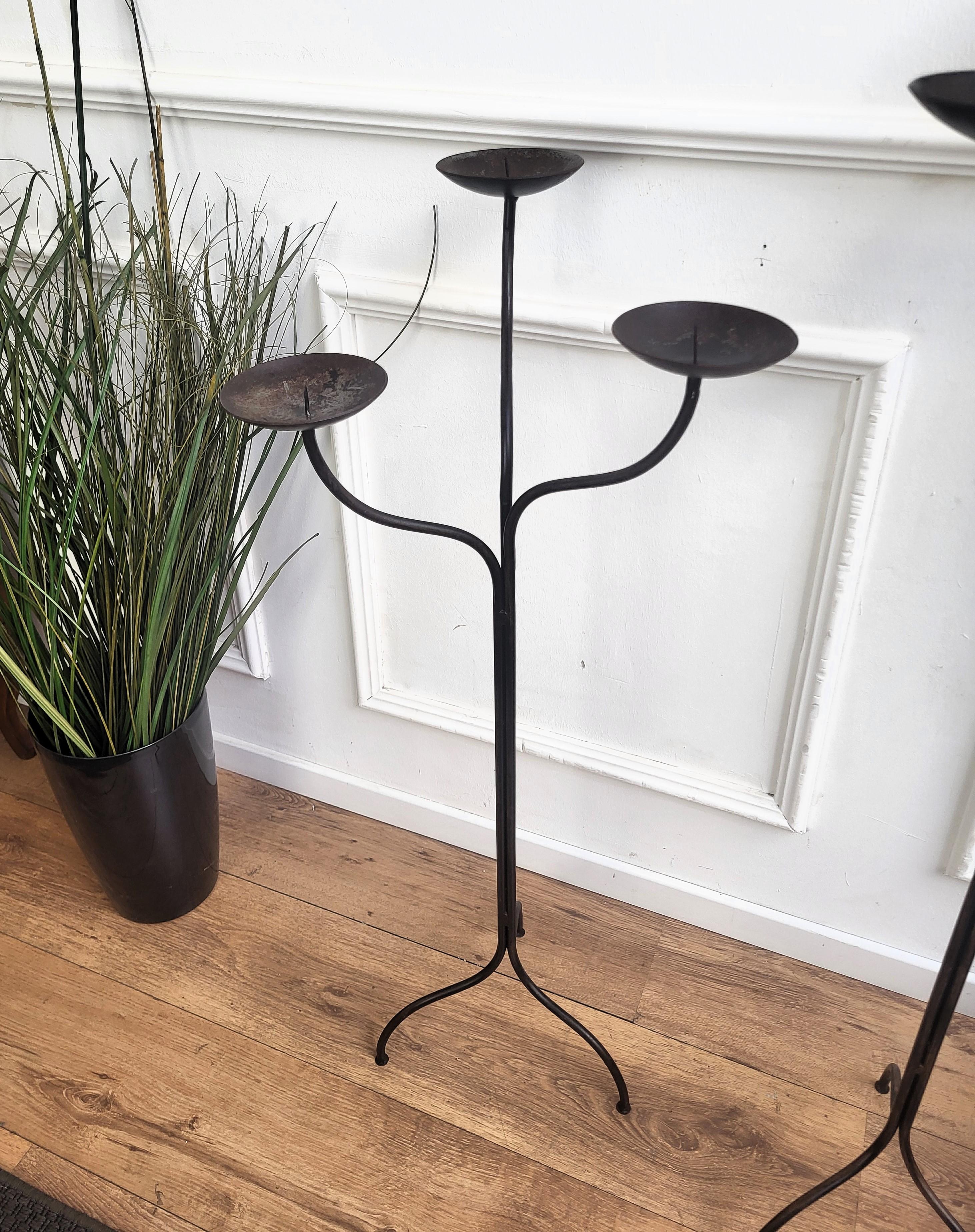 Pair of Wrought Iron Tall Floor Candle Holders in Brutalist Style For Sale 2
