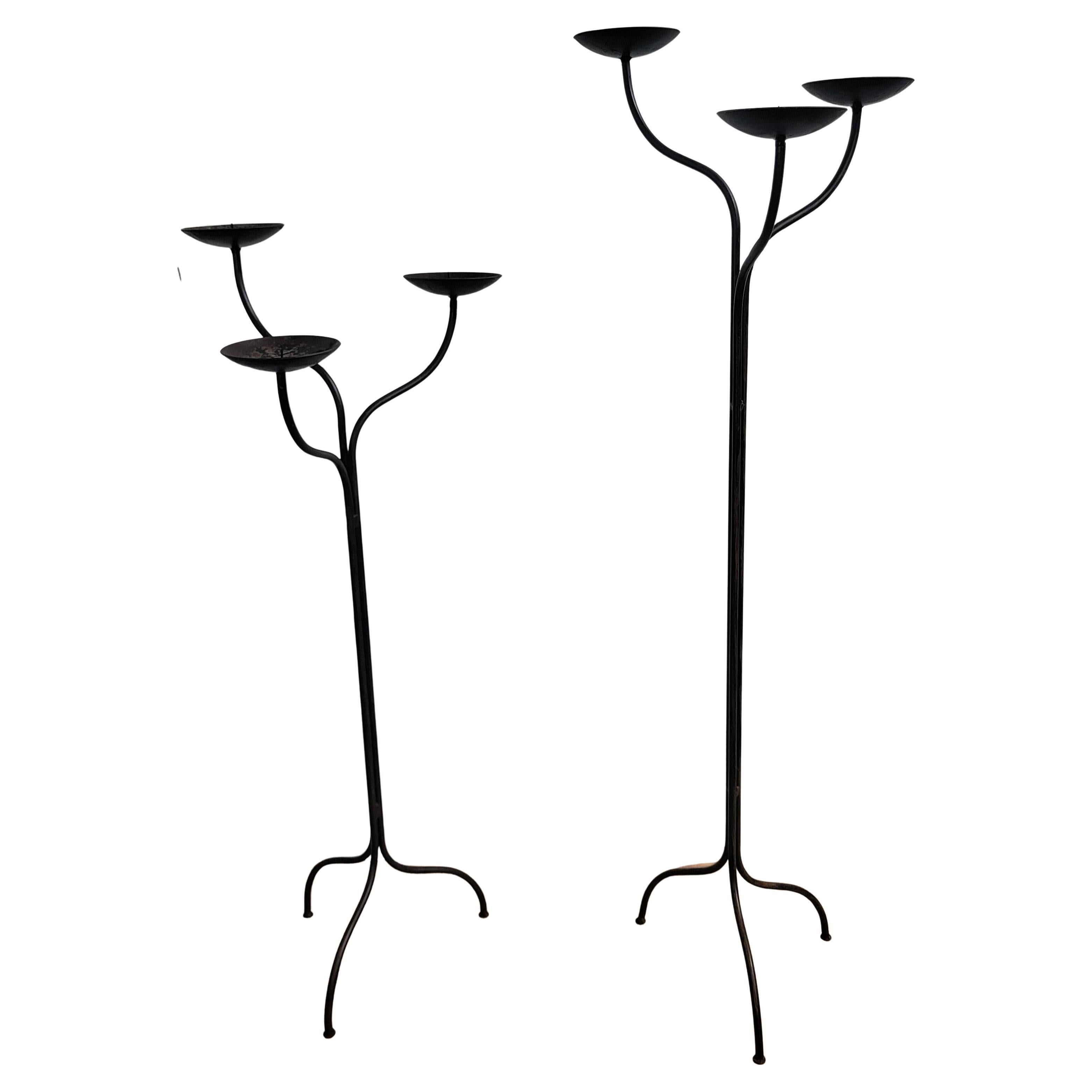 Pair of Wrought Iron Tall Floor Candle Holders in Brutalist Style For Sale