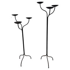 Pair of Wrought Iron Tall Floor Candle Holders in Brutalist Style