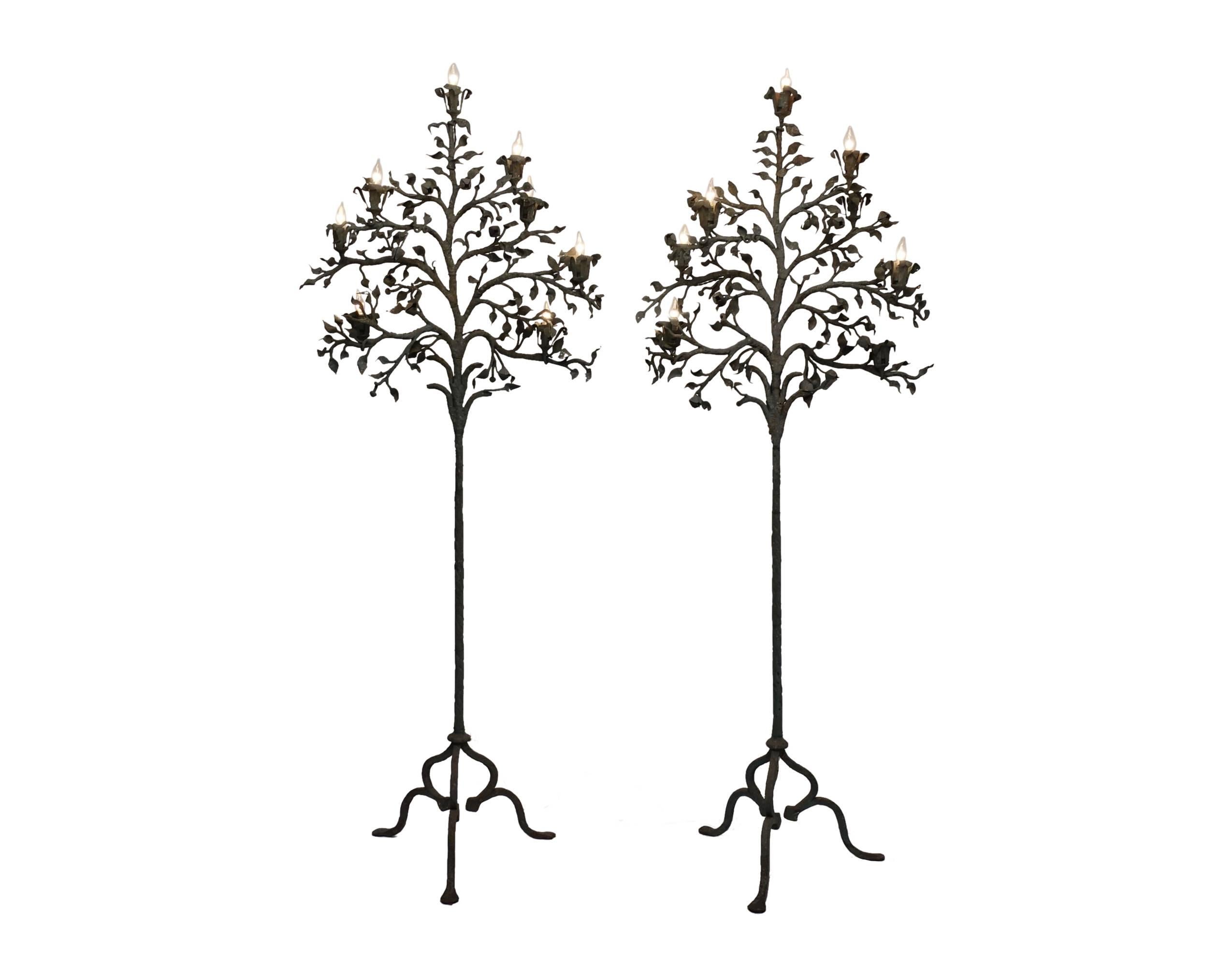 Pair of Wrought Iron Tree Form Torchiere Floor Lamps, Italy, 19th Century 6