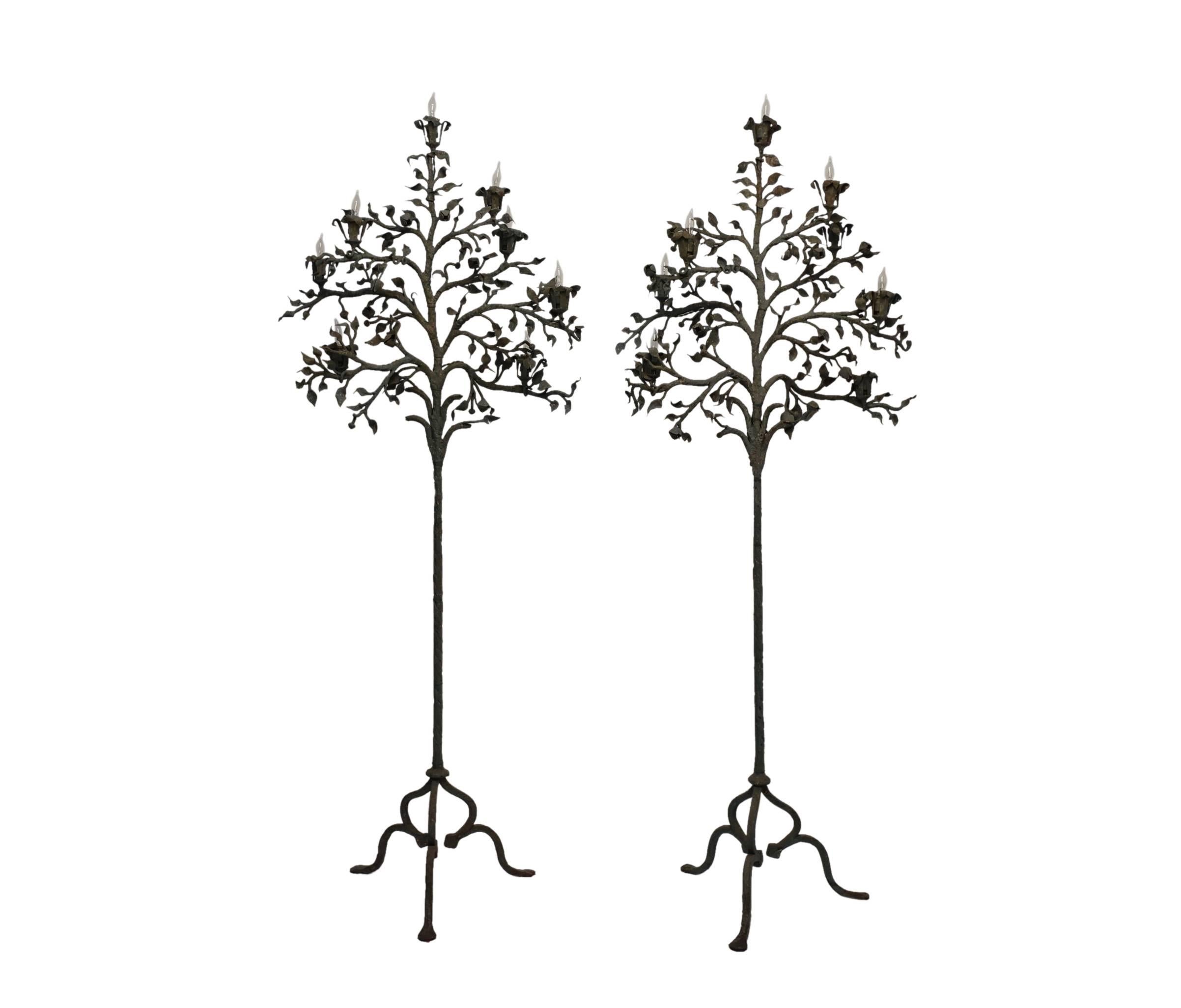 Italian Pair of Wrought Iron Tree Form Torchiere Floor Lamps, Italy, 19th Century