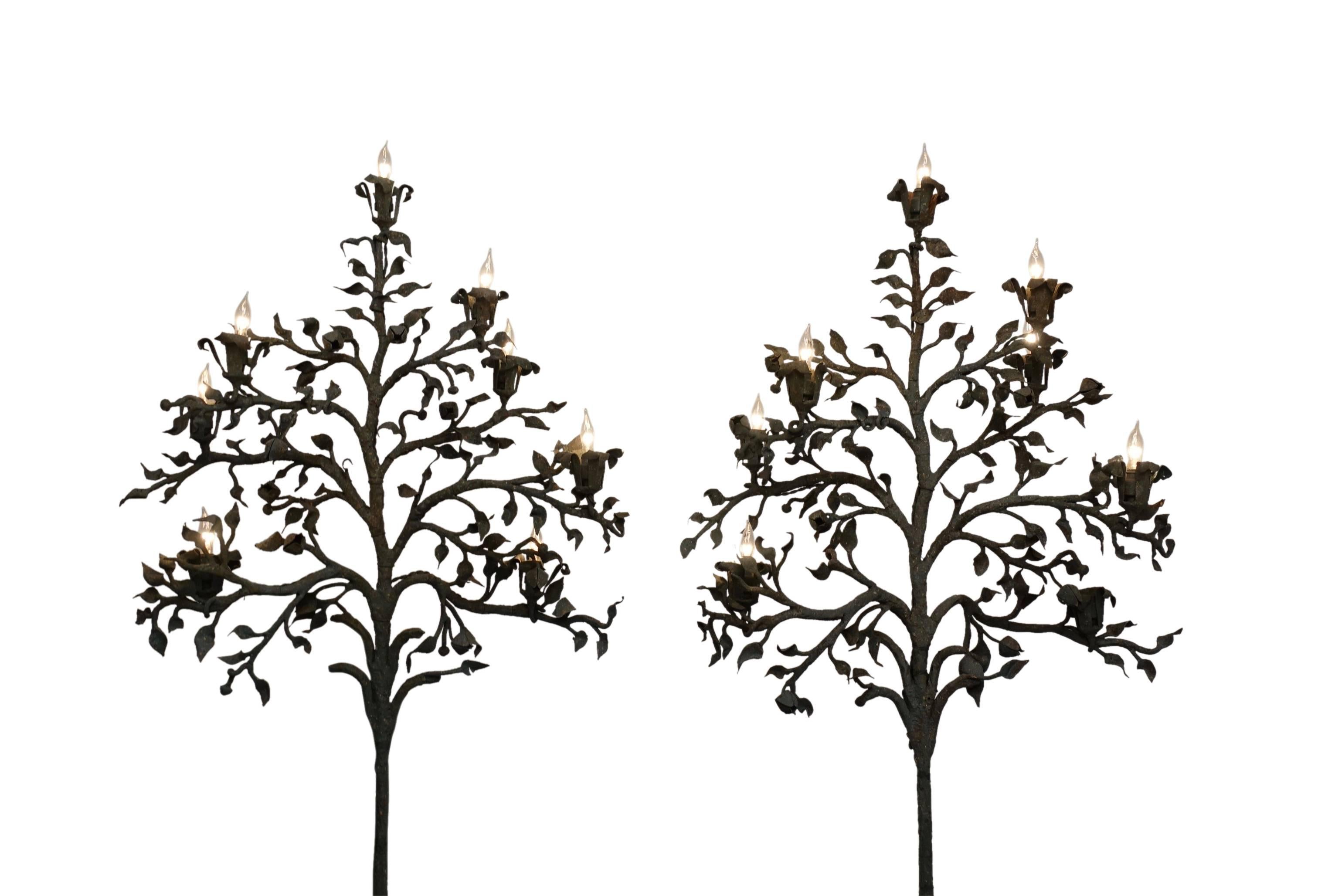 Painted Pair of Wrought Iron Tree Form Torchiere Floor Lamps, Italy, 19th Century