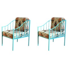 Pair of Wrought Iron Turquoise Lounge Chairs with Outdoor Geometrical Fabric