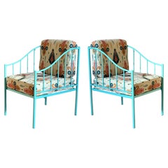 Pair of Wrought Iron Turquoise Lounge Chairs with Outdoor Geometrical Fabric