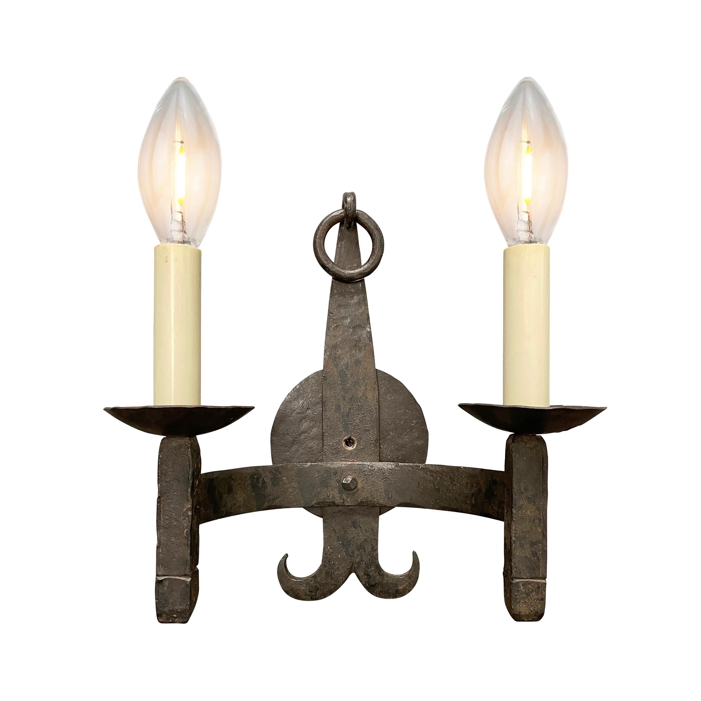 Rustic Pair of Wrought Iron Two-Arm Sconces