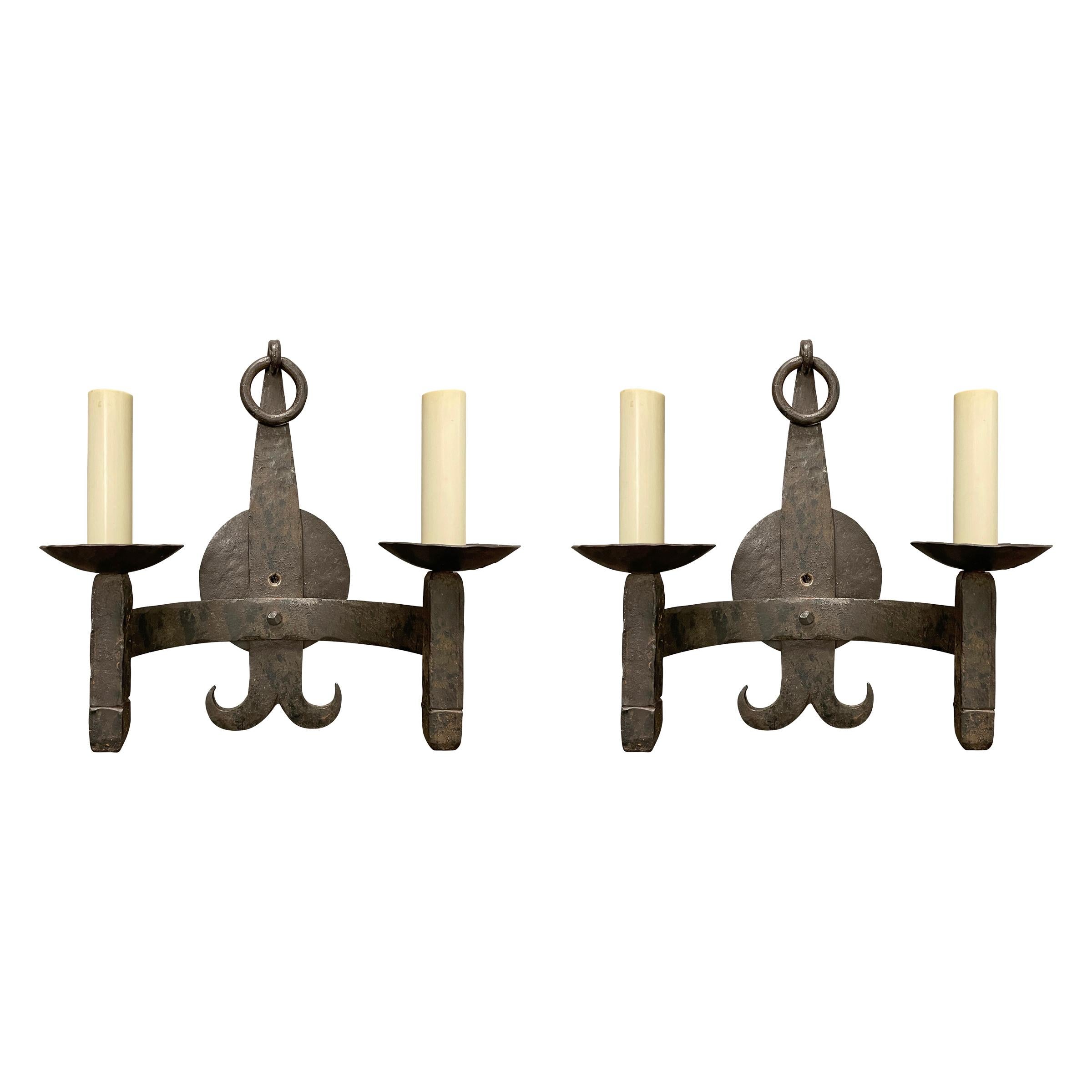 American Pair of Wrought Iron Two-Arm Sconces