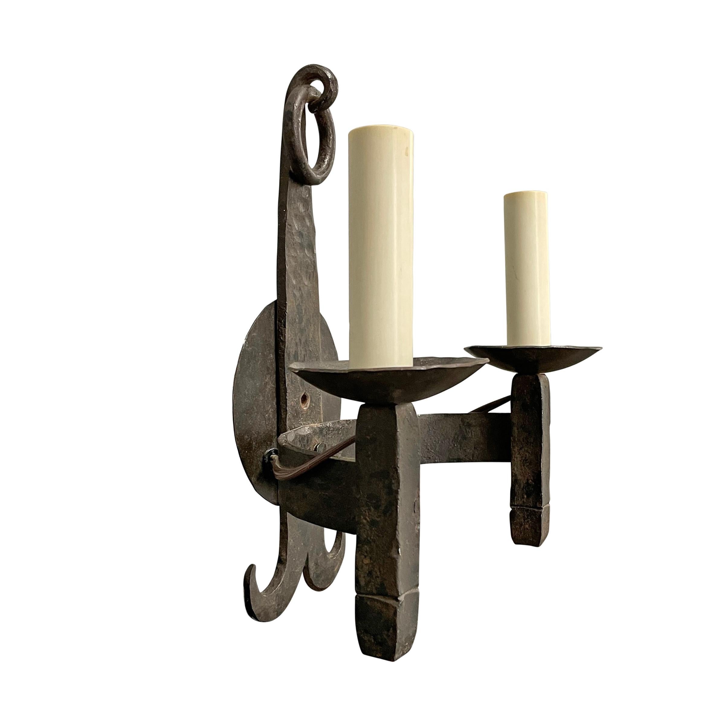 20th Century Pair of Wrought Iron Two-Arm Sconces