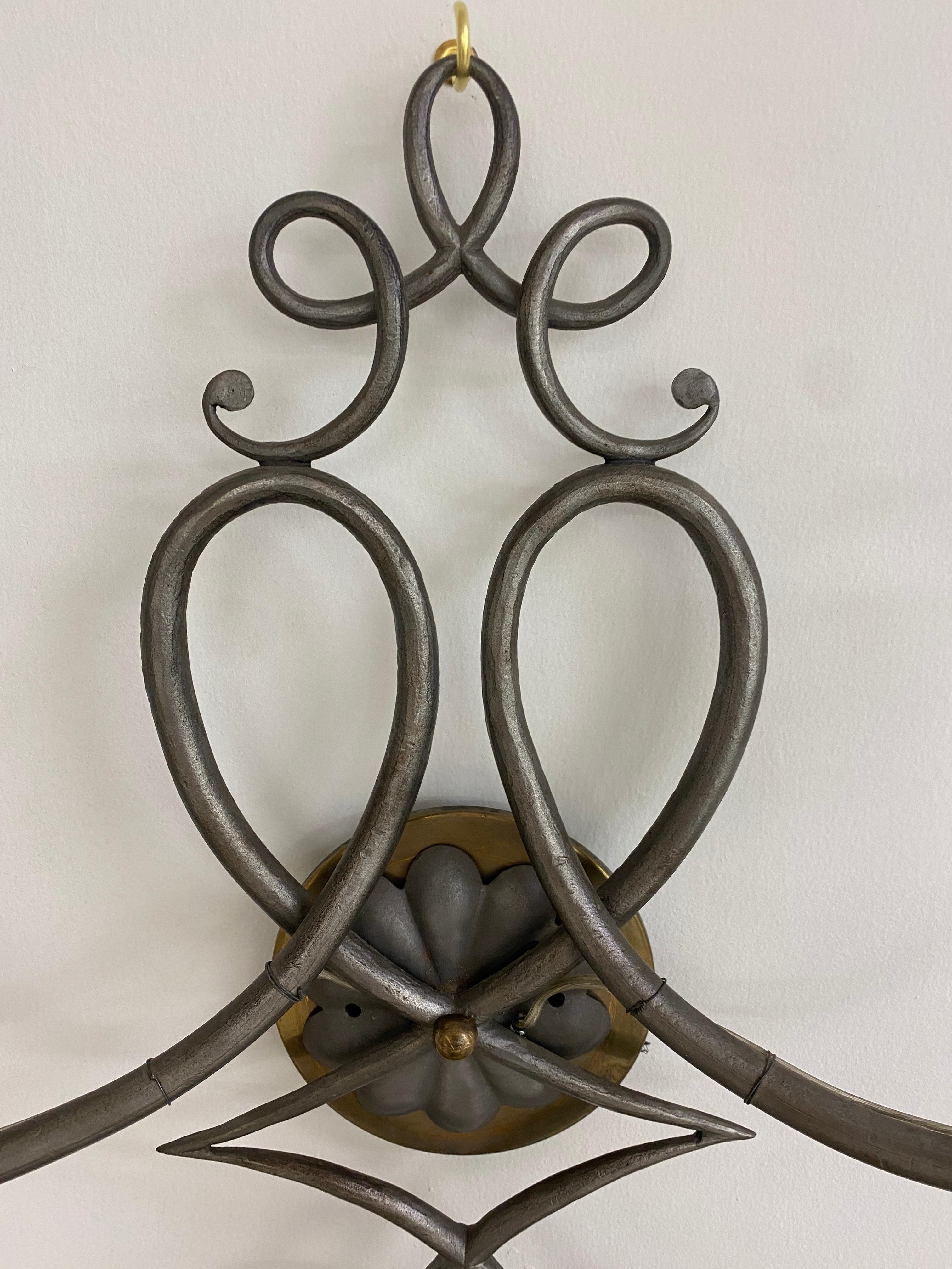Wrought Iron Pair of French Art Deco Wall Scones in the Style of Jules Leleu For Sale