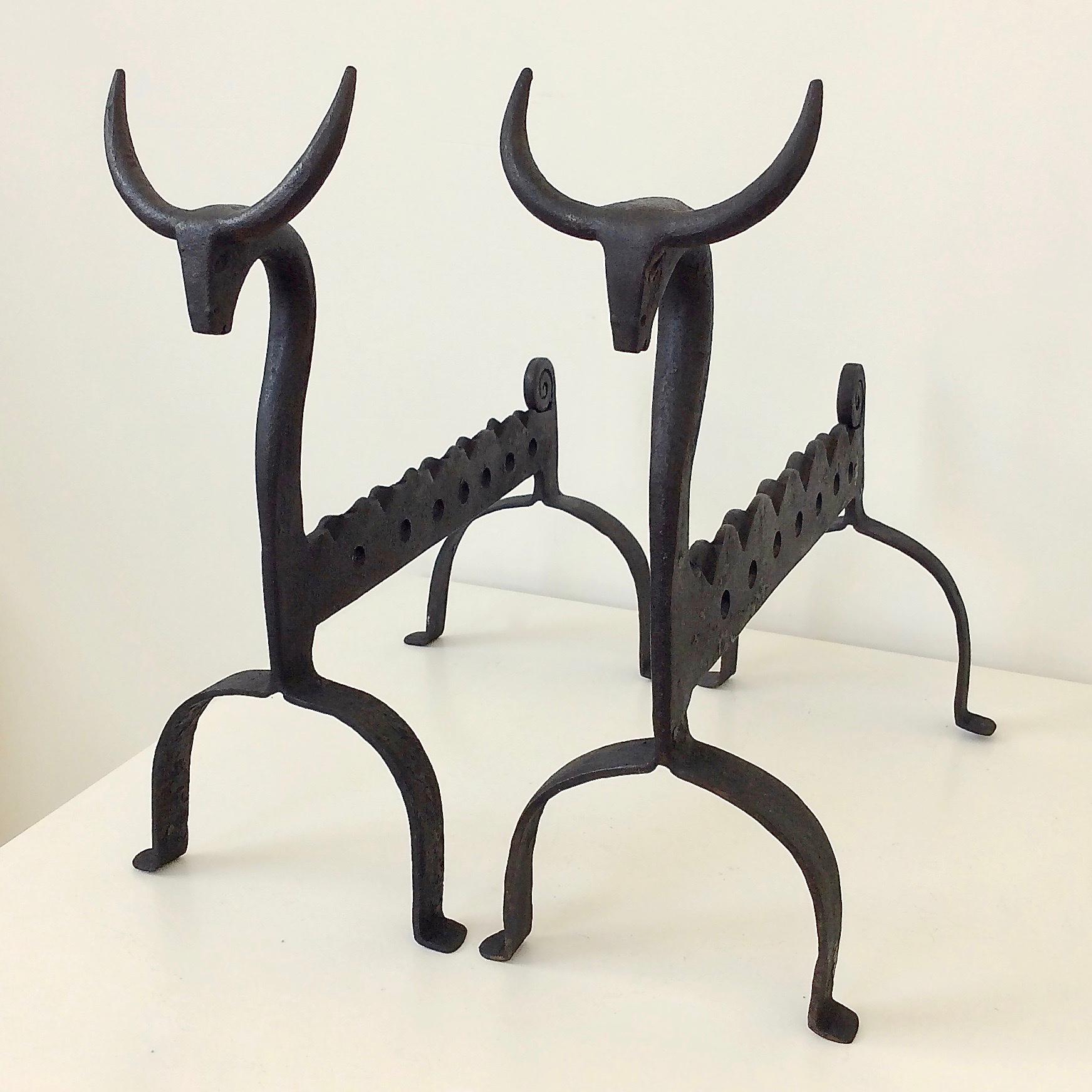 French Pair of Wrought Irons Andirons , circa 1950, France.