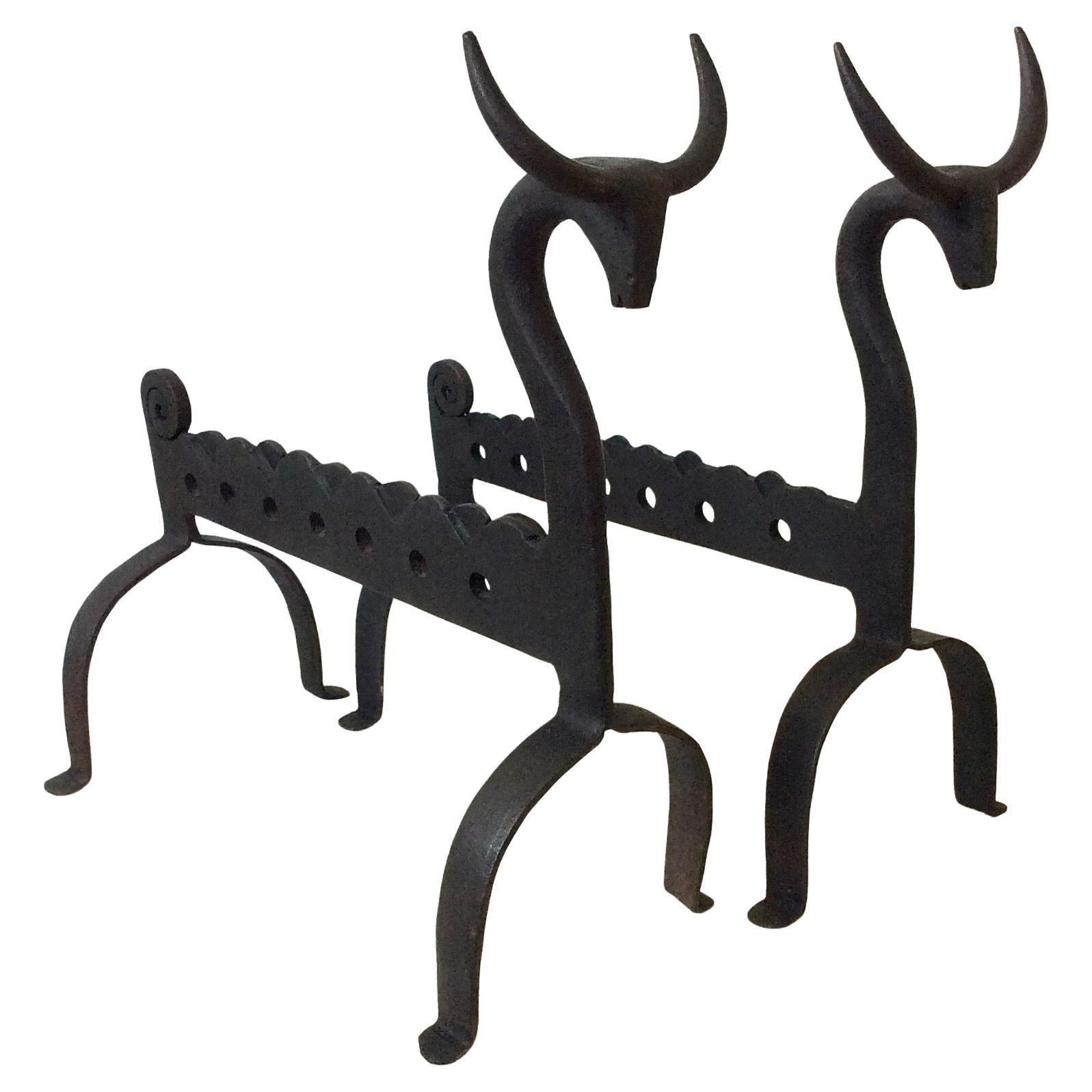 Very nice decorative pair of bulls andirons, circa 1950, France.
Blackened wrought iron.
Dimensions: 34 cm H, 32 cm D, 17 cm W.
Rare item in good origninal condition.
All purchases are covered by our Buyer Protection Guarantee.
This item can be