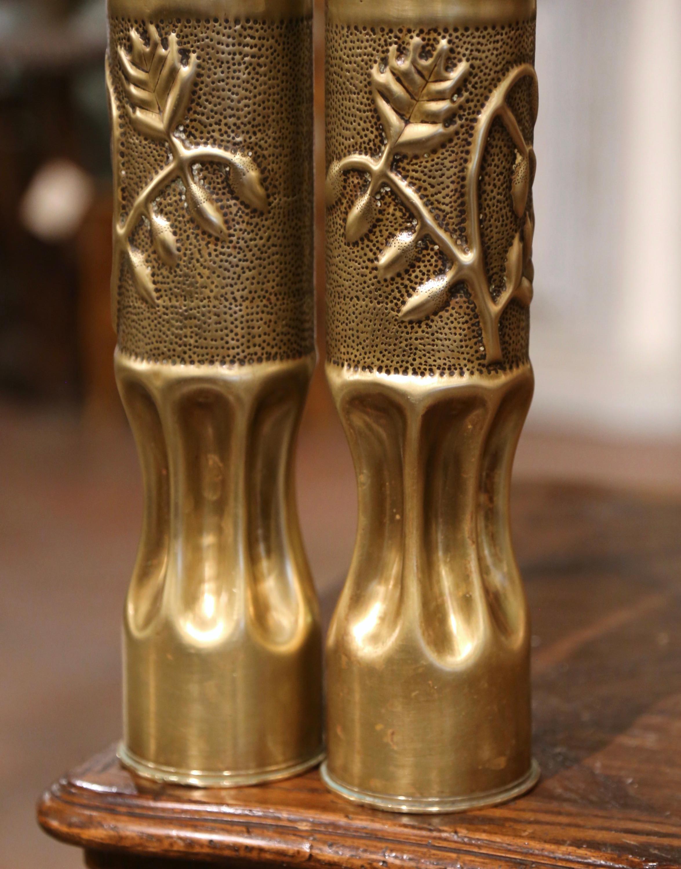 Patinated Pair of WW One French Trench Artillery Brass Shell Casings with Foliage Motifs For Sale