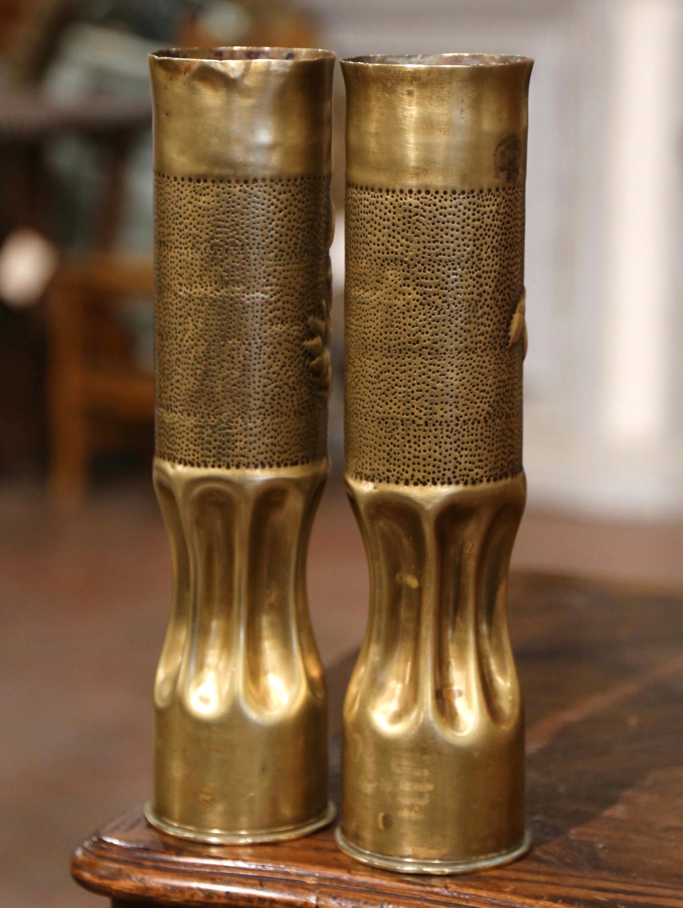 20th Century Pair of WW One French Trench Artillery Brass Shell Casings with Foliage Motifs For Sale