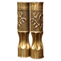 Pair of WW One French Trench Artillery Brass Shell Casings with Foliage Motifs