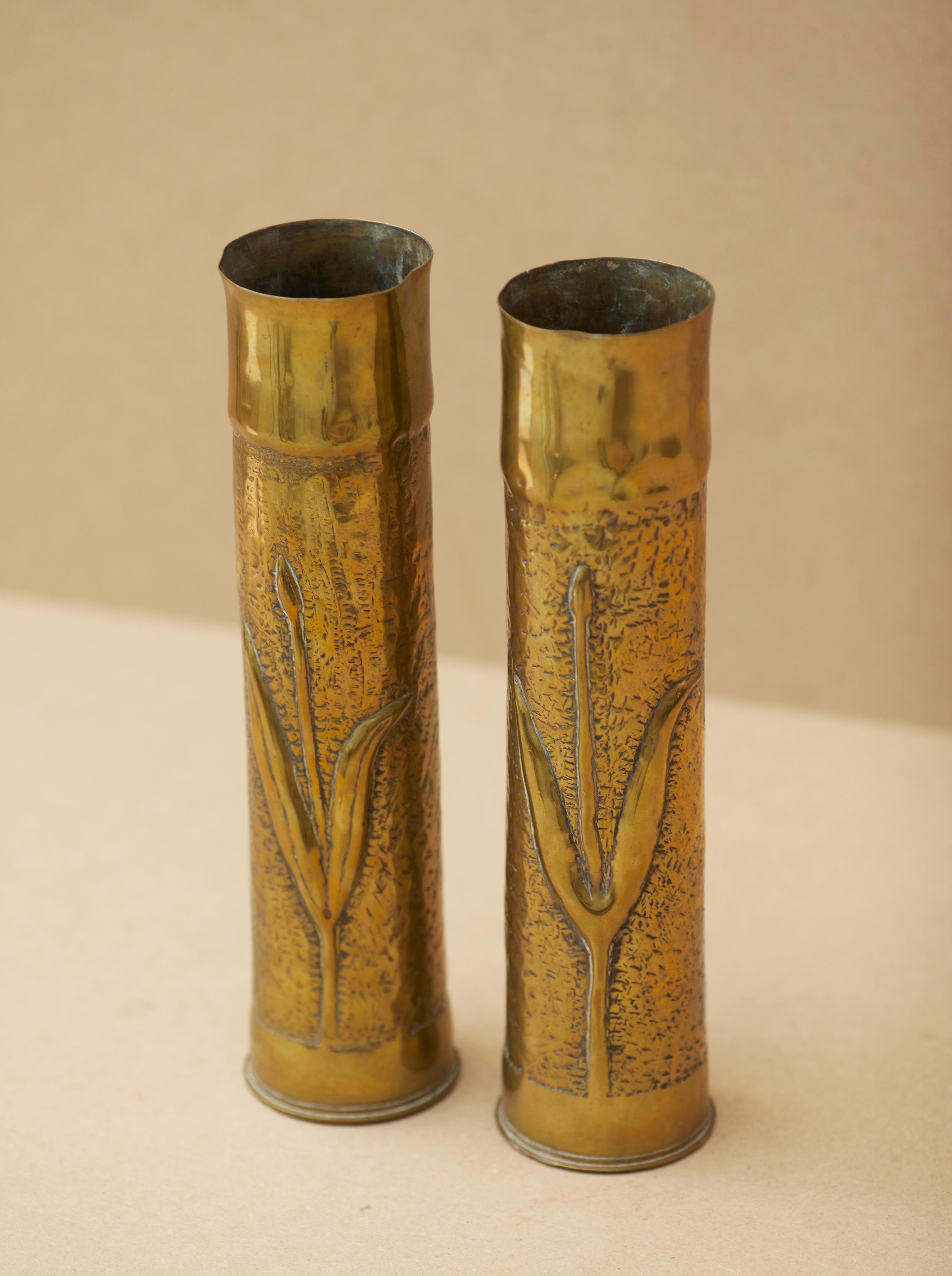 Hand-Carved Pair of WW1 French Trench Art, Art Deco Artillery Brass Shell Casing Vases For Sale
