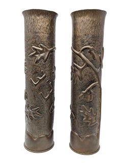 Pair of WWI Antique Trench Art Brass Artillery Shell Vases France 75mm