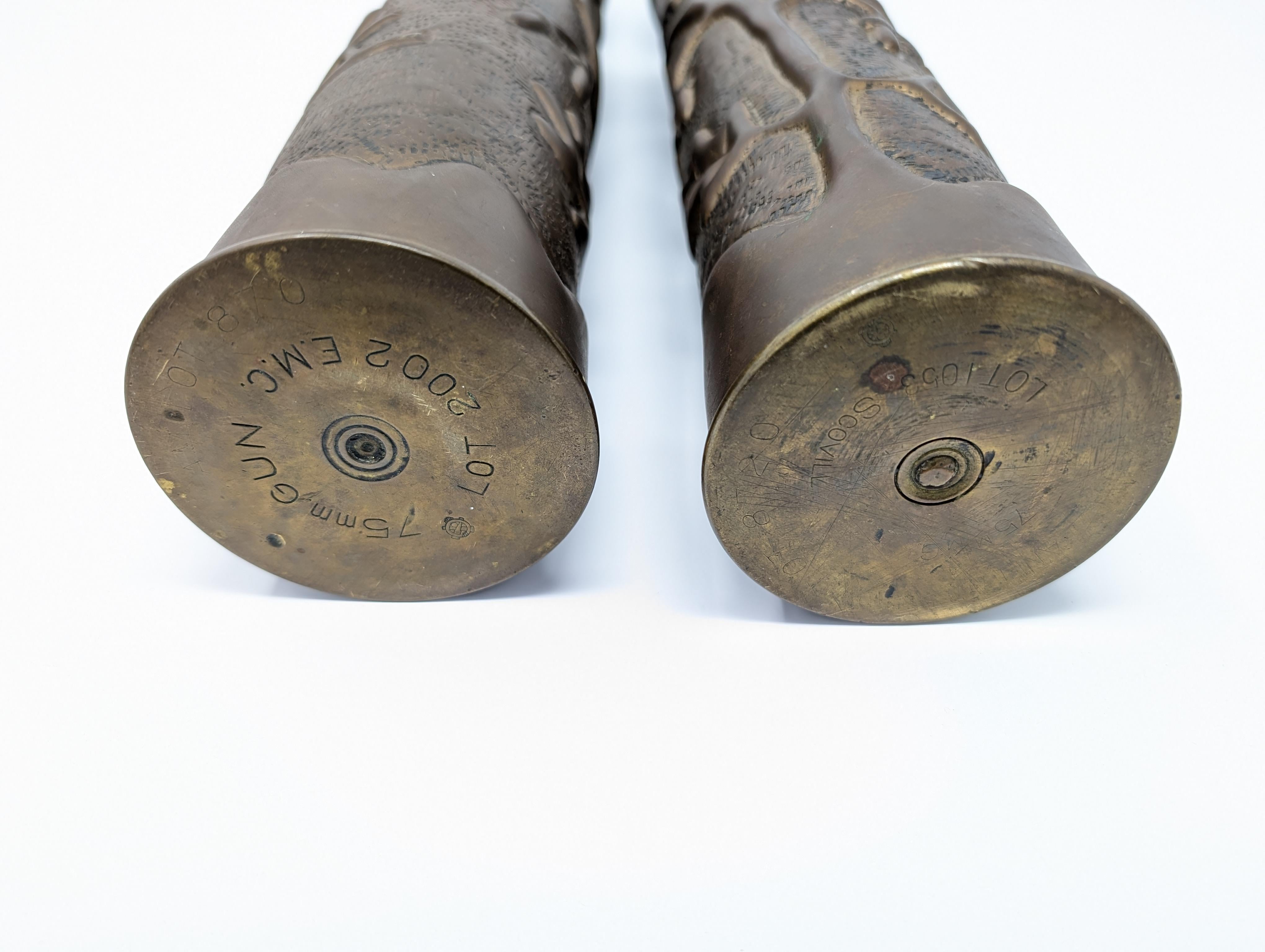 Sbalzo Coppia di vasi di conchiglie in ottone da trincea della prima guerra mondiale Francia 75 mm in vendita