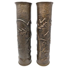Pair of WWI Antique Trench Art Brass Artillery Shell Vases France 75mm