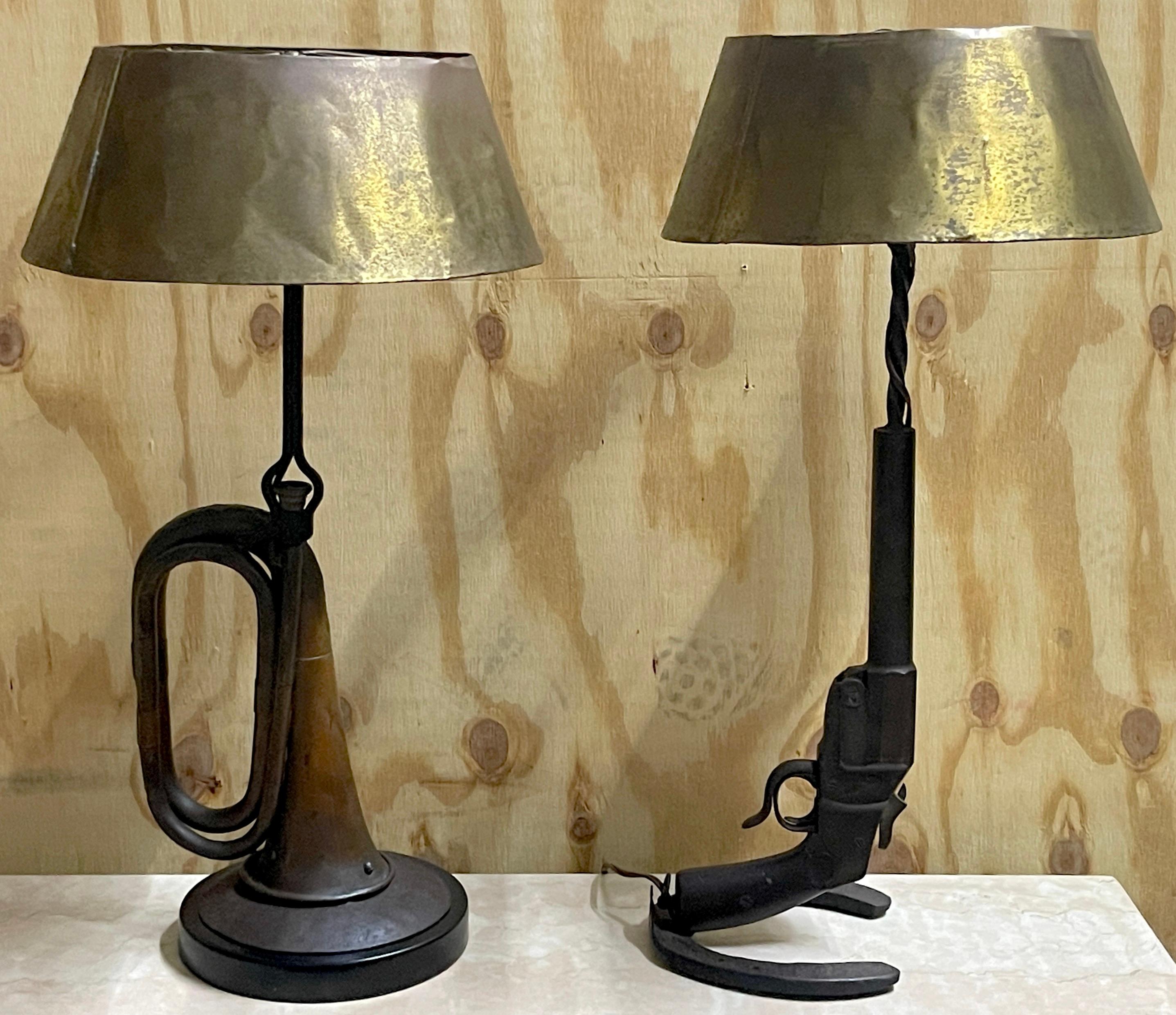Pair of WWI Military Trench Art Memento Lamps with Bouillotte Style Shades 
'Beauty of The Battlefield' 
A amazing repurposed assemblage of WWI authentic tactical artifacts, artisan made into a pair of lamps Circa 1920, Newly rewired, ready to