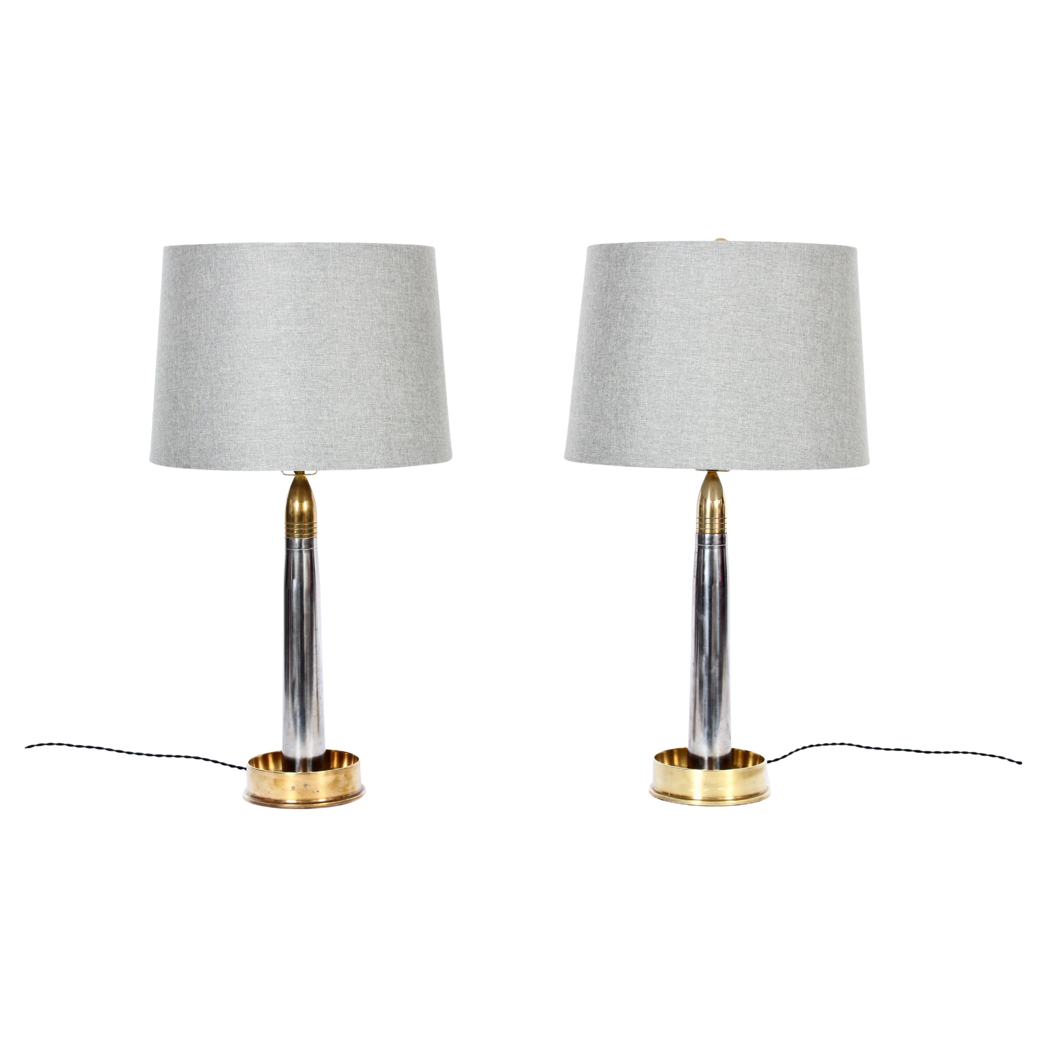 Pair of World War Two Nickel Plate & Solid Brass mortar shell Trench Art table lamps. Featuring heavy, hand machined, reflective nickel-plated brass mortar column-forms, fitted to larger (cupped) round brass mortar shell base. Fine Art Deco design.
