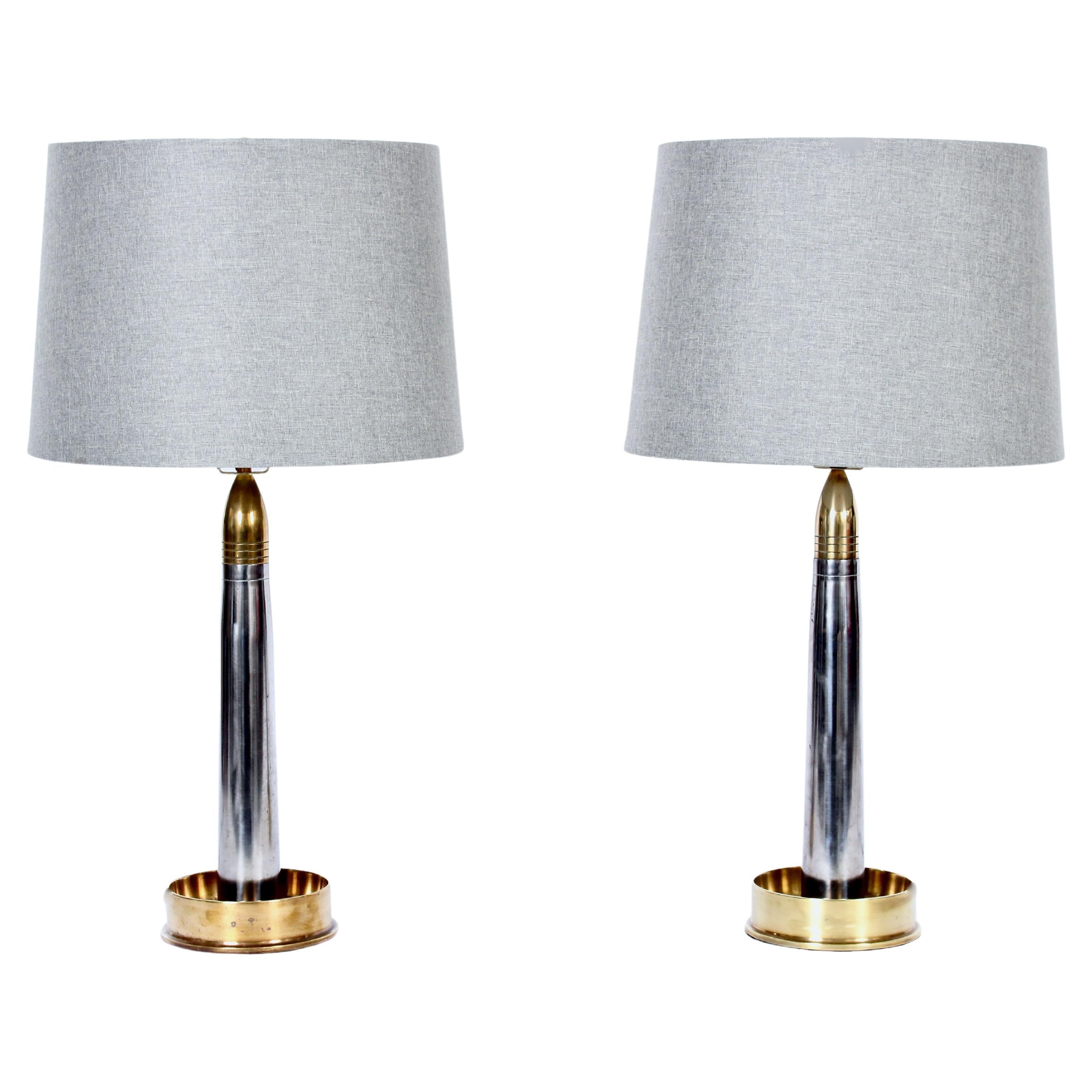 Pair of WWII "Trench Art" Nickel-Plate & Solid Brass Table Lamps, 1940's For Sale