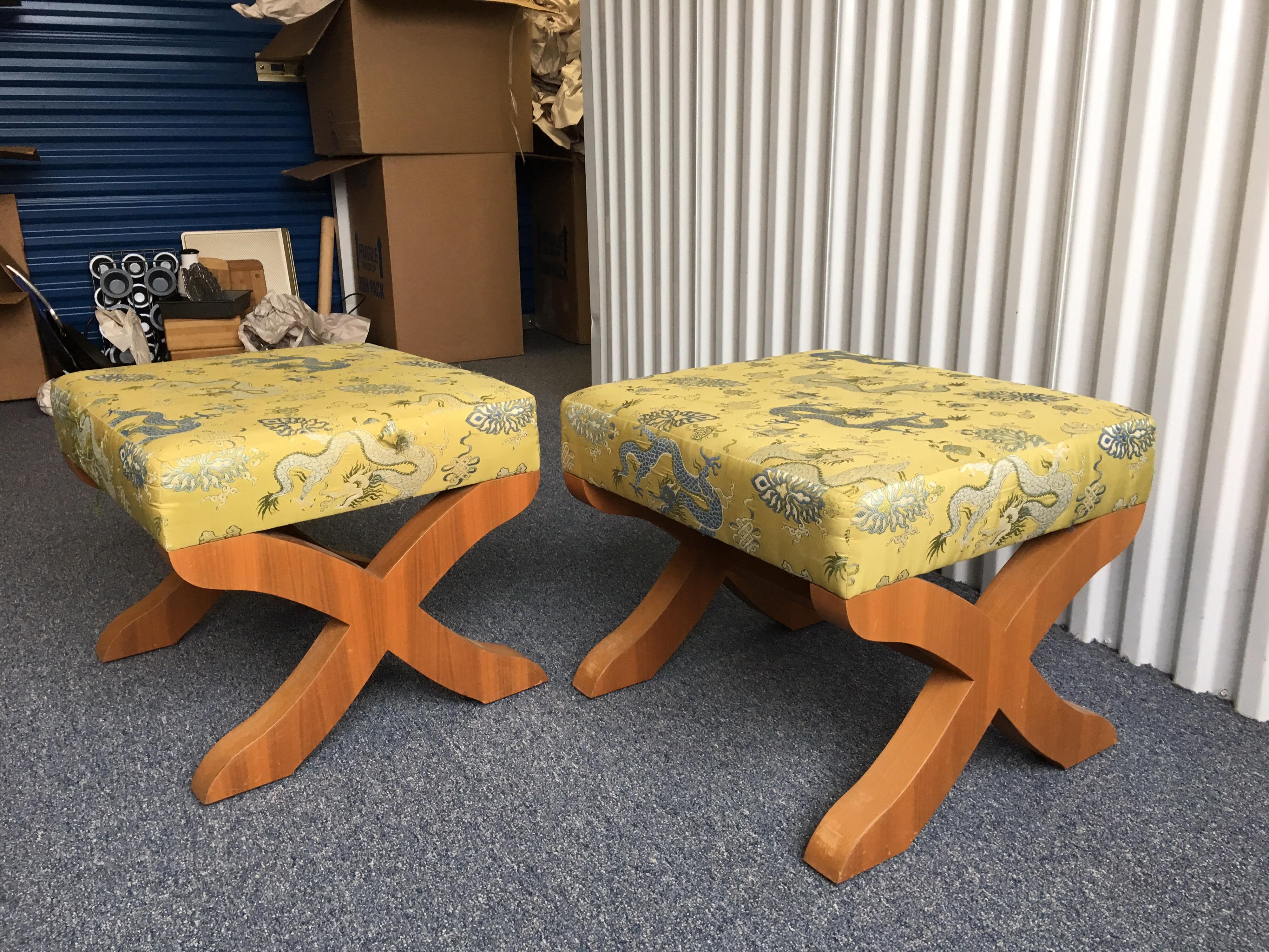 American Pair of X-Base Stools in Silk Embroidered Fabric For Sale