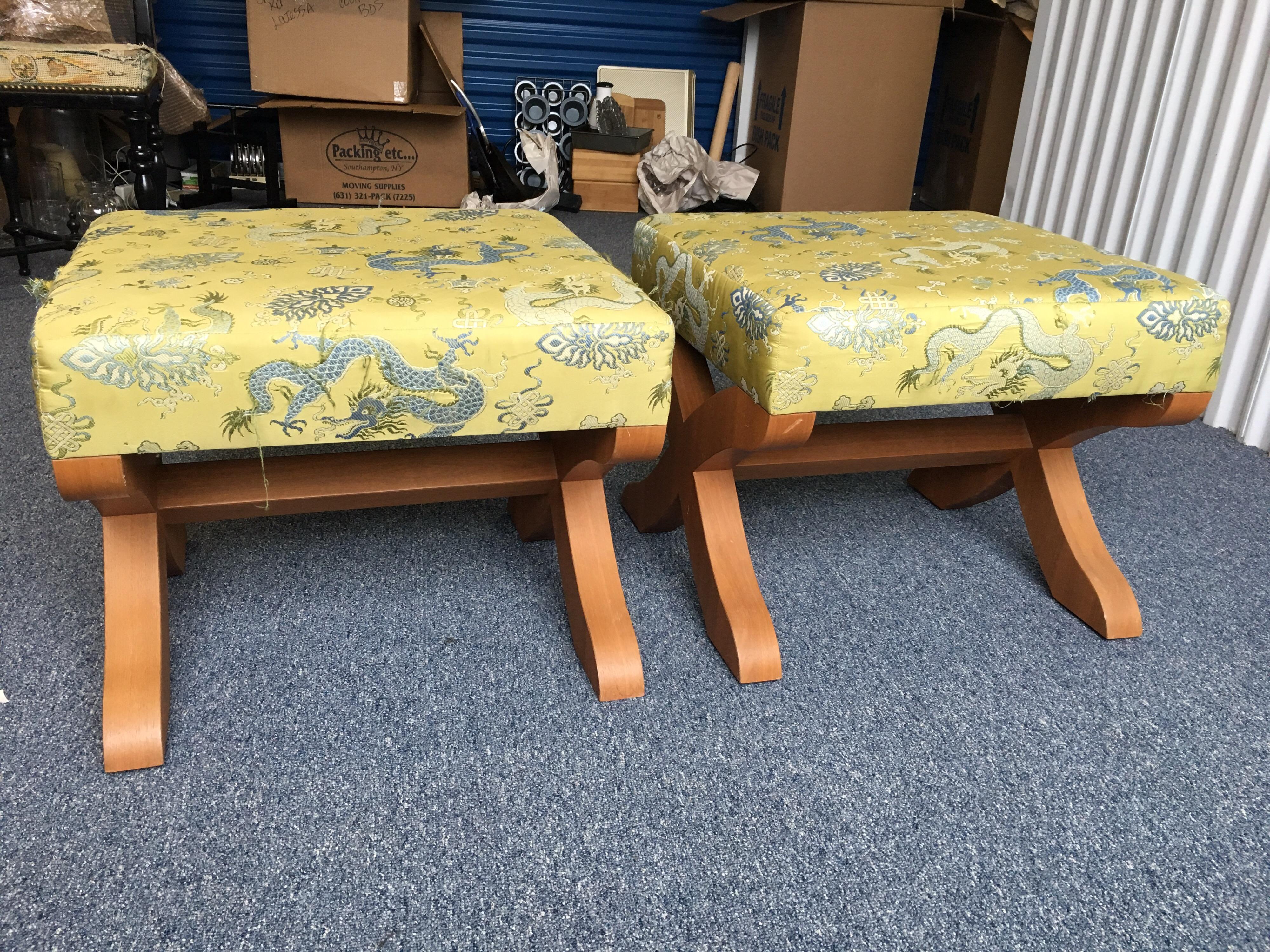 Contemporary Pair of X-Base Stools in Silk Embroidered Fabric For Sale