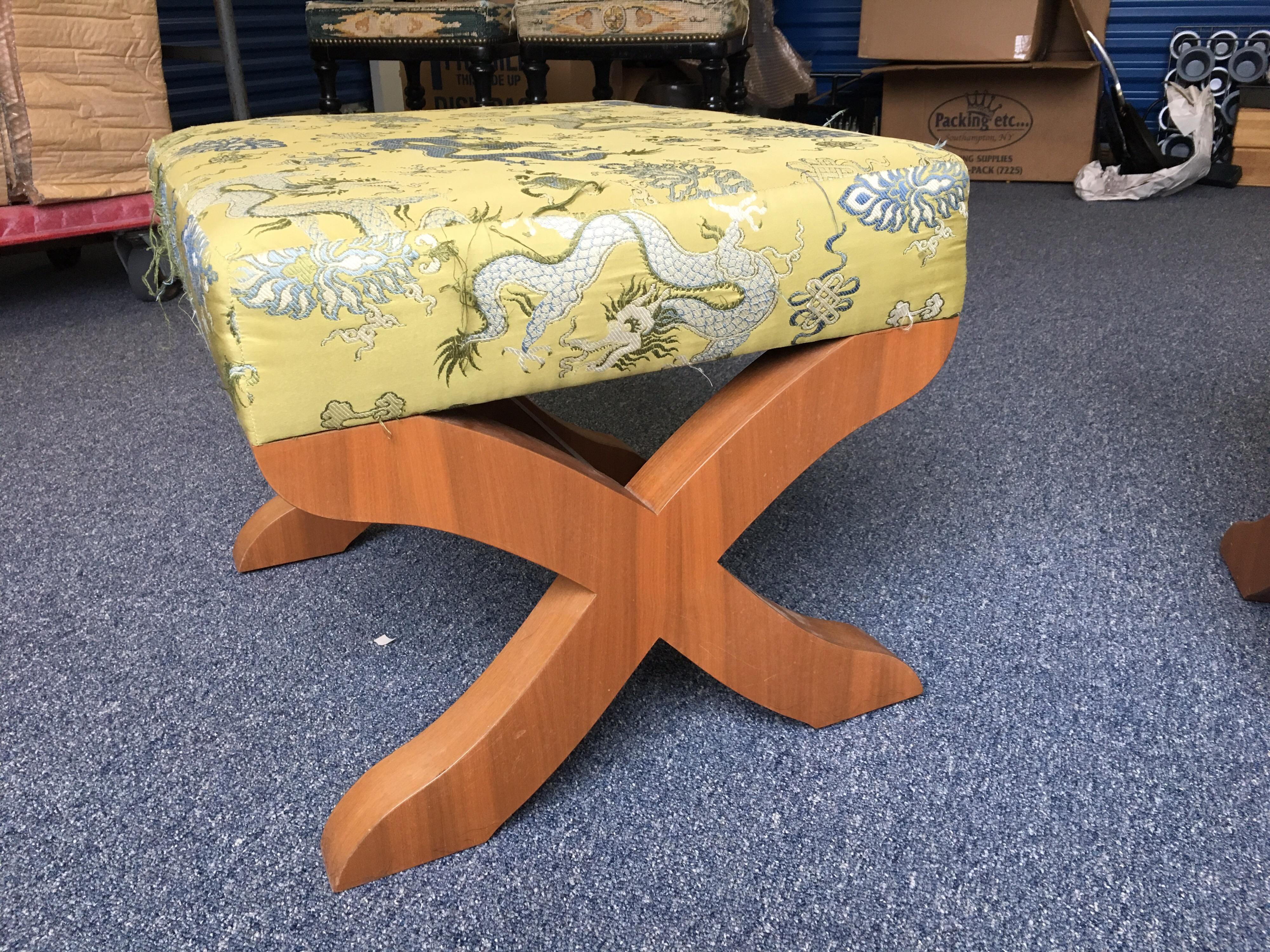 Wood Pair of X-Base Stools in Silk Embroidered Fabric For Sale