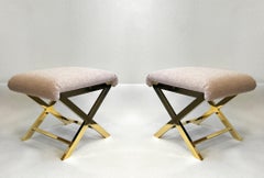 Pair of X Base Brass and Blush Ottomans Benches by Charles Hollis Jones