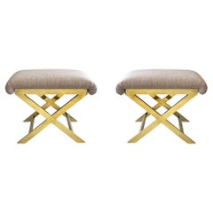 Pair of X Base Brass and Blush Ottomans Benches by Charles Hollis Jones