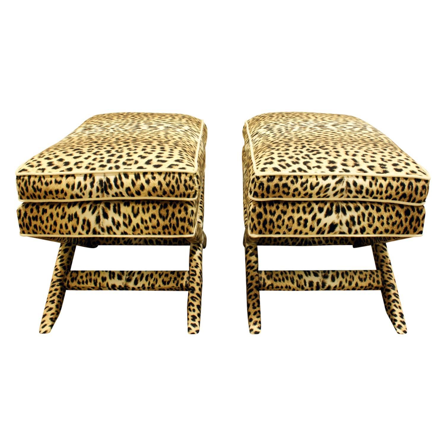 Mid-Century Modern Pair of X-Benches in Leopard Print Fabric, 1970s