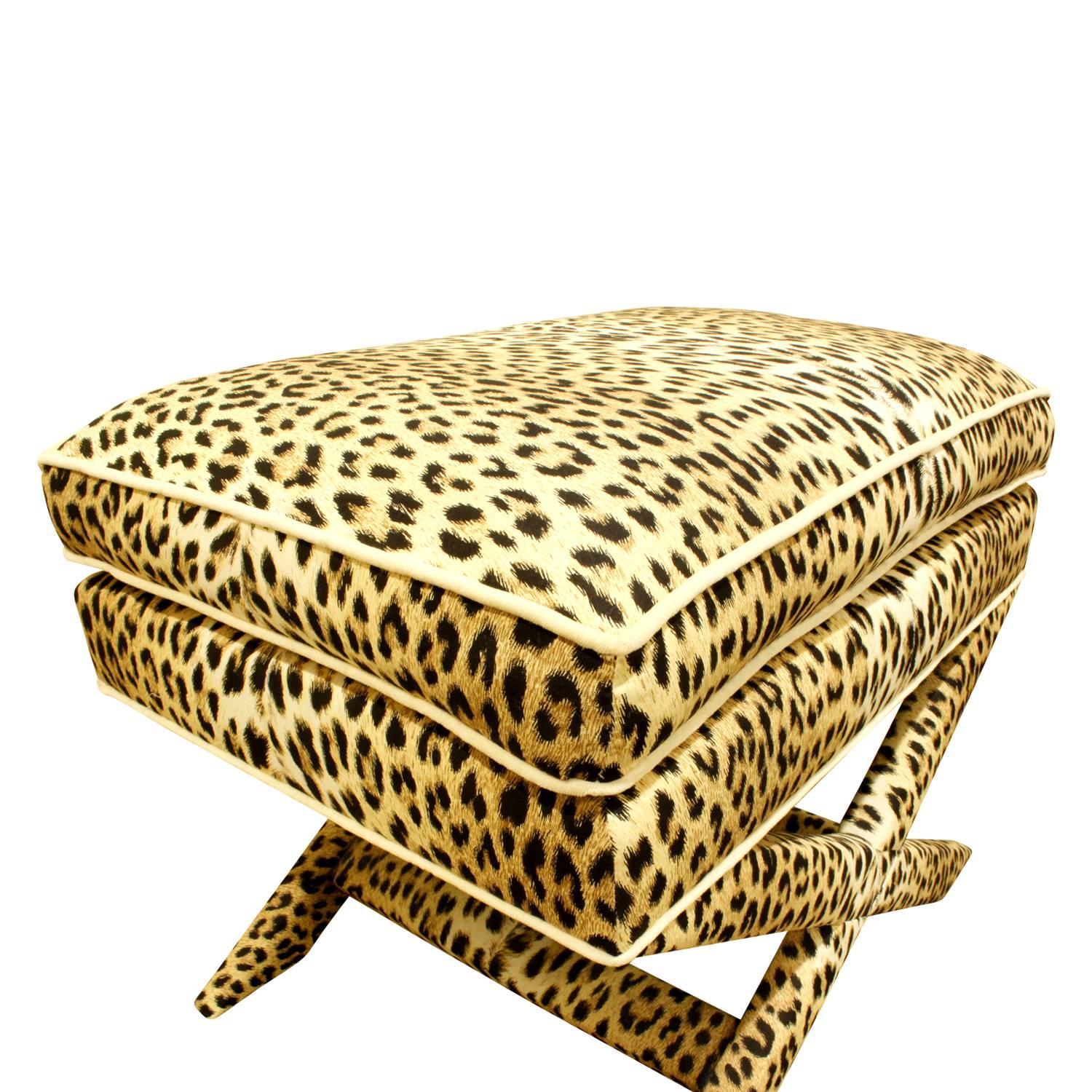 American Pair of X-Benches in Leopard Print Fabric, 1970s