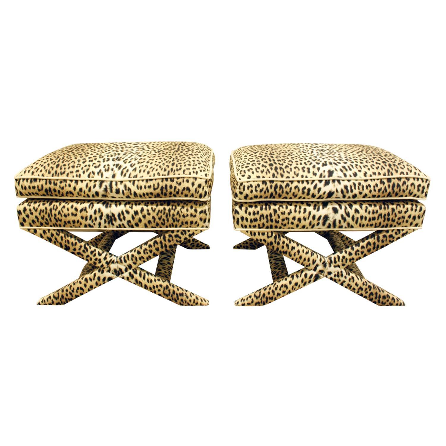 Pair of X-Benches in Leopard Print Fabric, 1970s