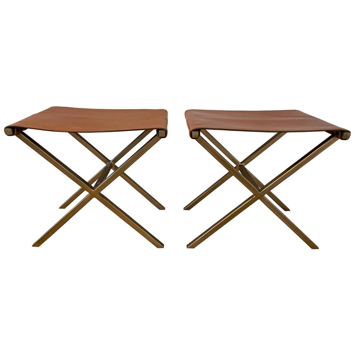 Pair of X Frame Benches in Leather and Gold Tone Metal