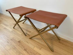 Pair of X Frame Benches in Leather and Gold Tone Metal