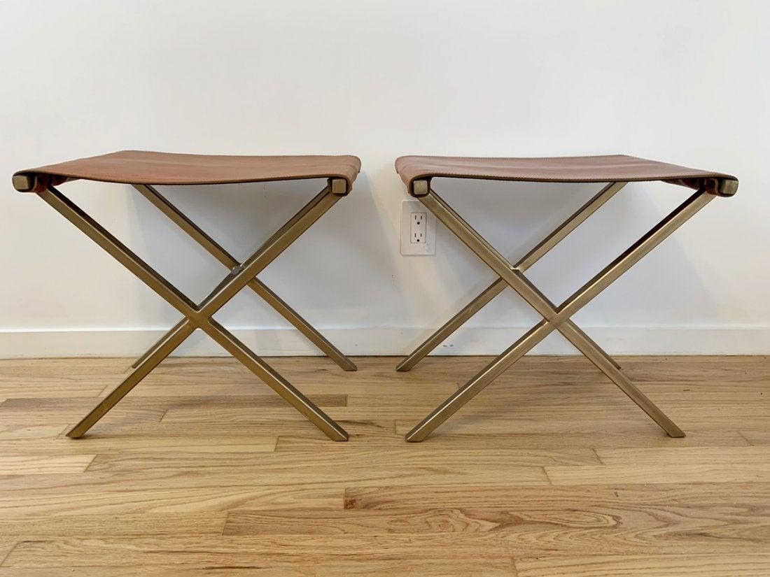 North American Pair of X Frame Benches in Leather and Gold Tone Metal