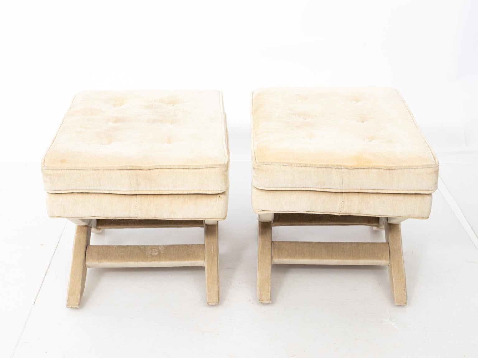 Velvet Pair of X-Frame Upholstered Benches For Sale