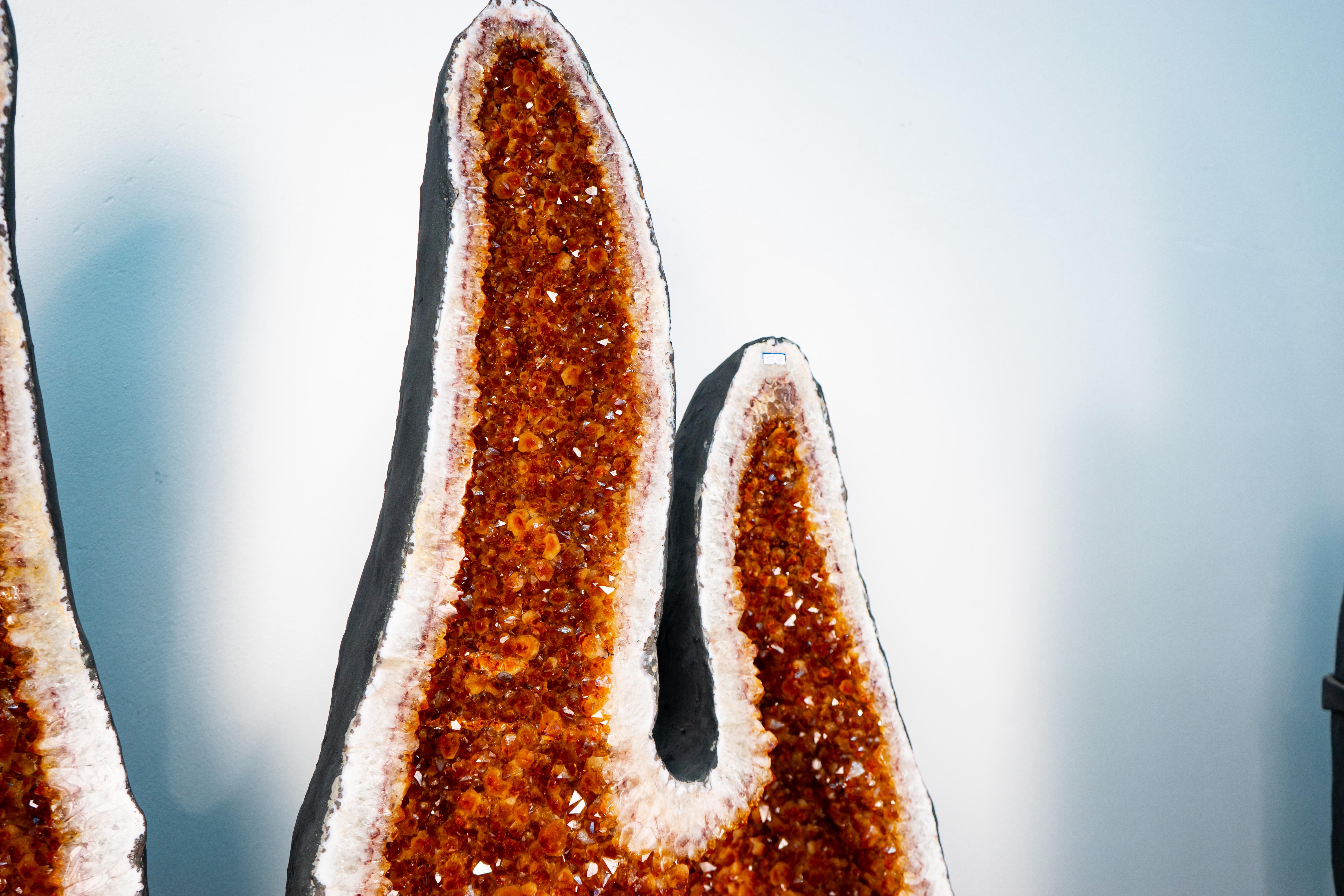 Pair of X-Large Citrine Geodes with Golden Orange Points and Rare Flame Form For Sale 4