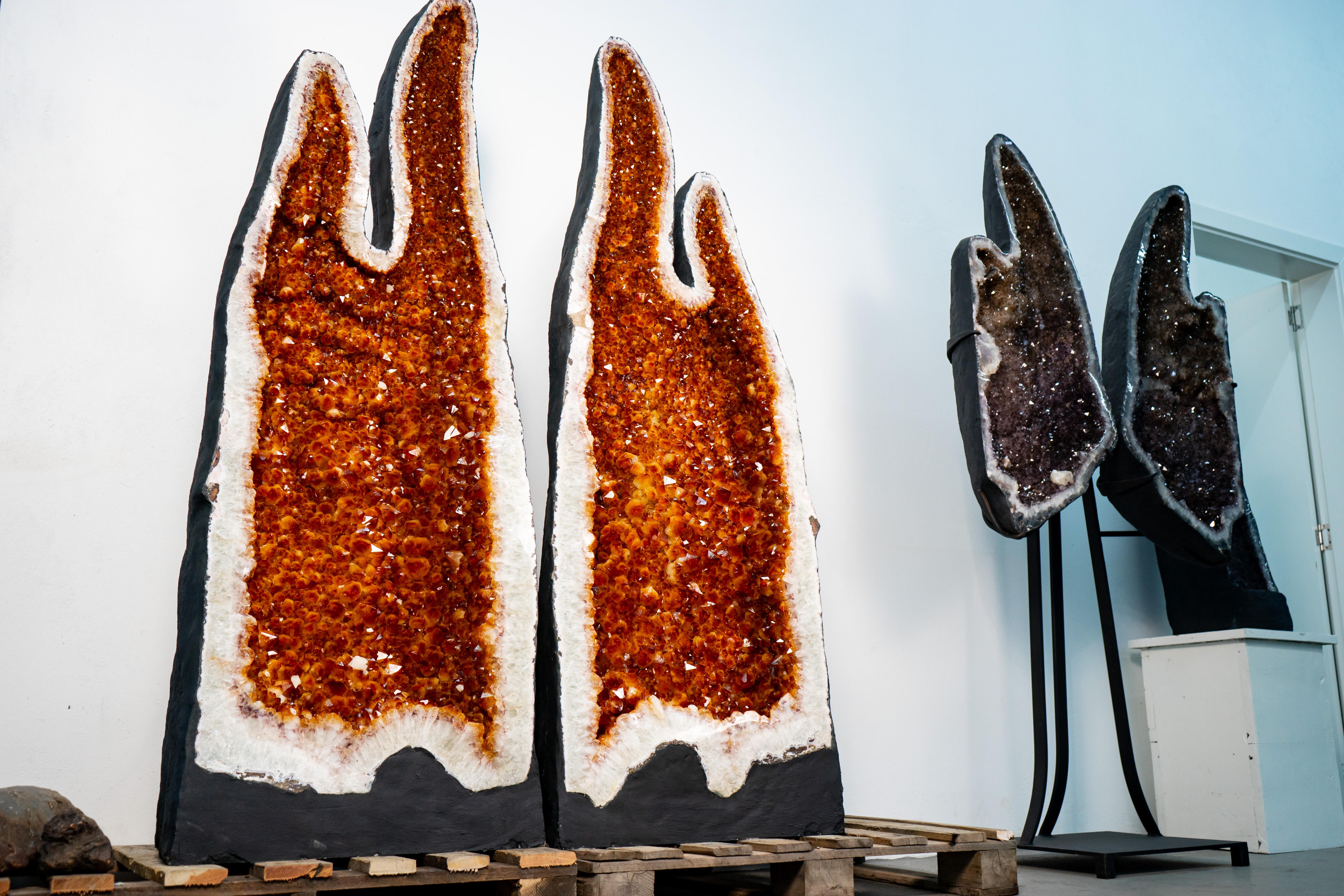 Crystal Pair of X-Large Citrine Geodes with Golden Orange Points and Rare Flame Form For Sale