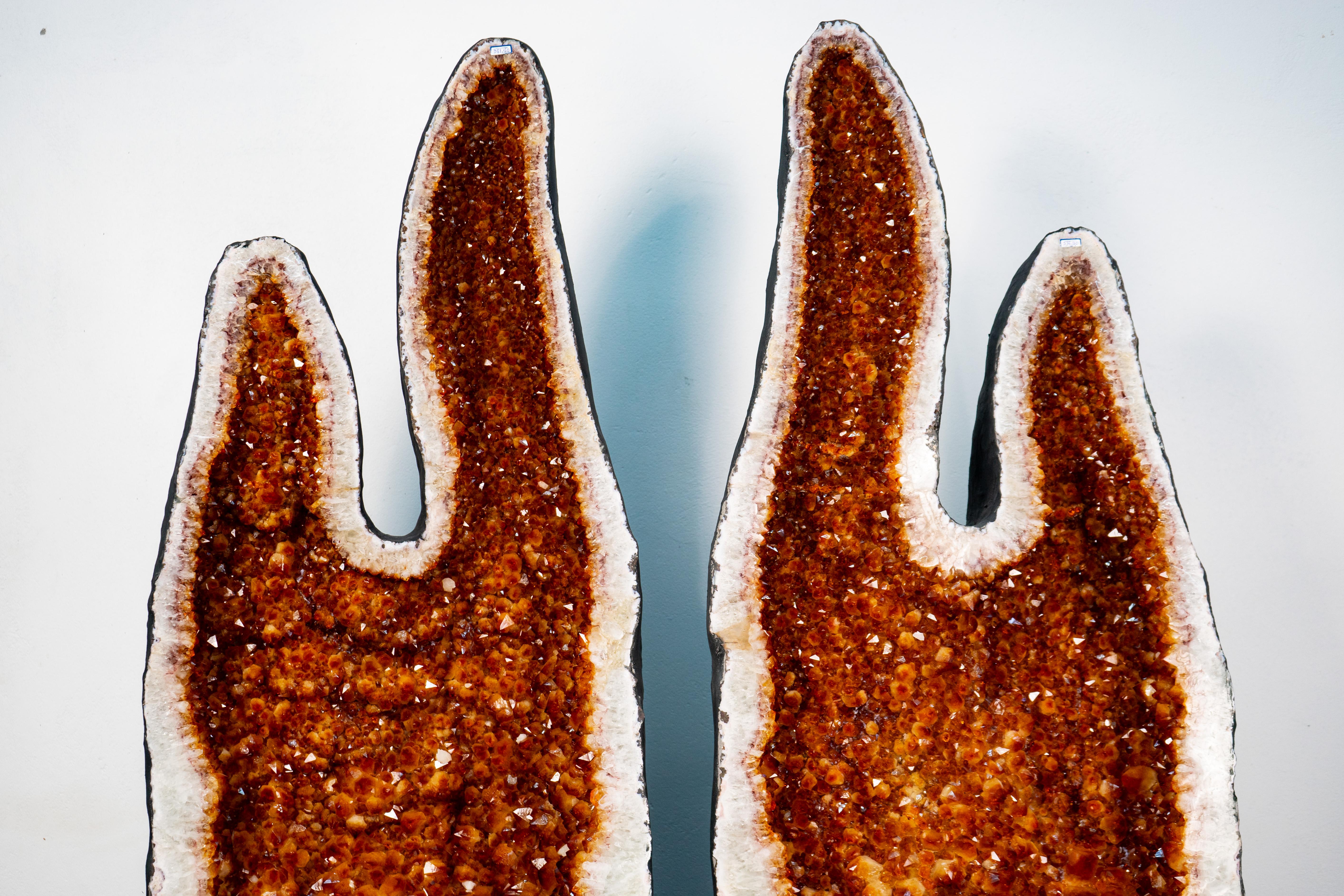 Pair of X-Large Citrine Geodes with Golden Orange Points and Rare Flame Form For Sale 1