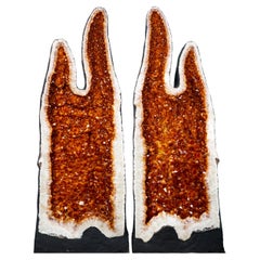 Pair of X-Large Citrine Geodes with Golden Orange Points and Rare Flame Form