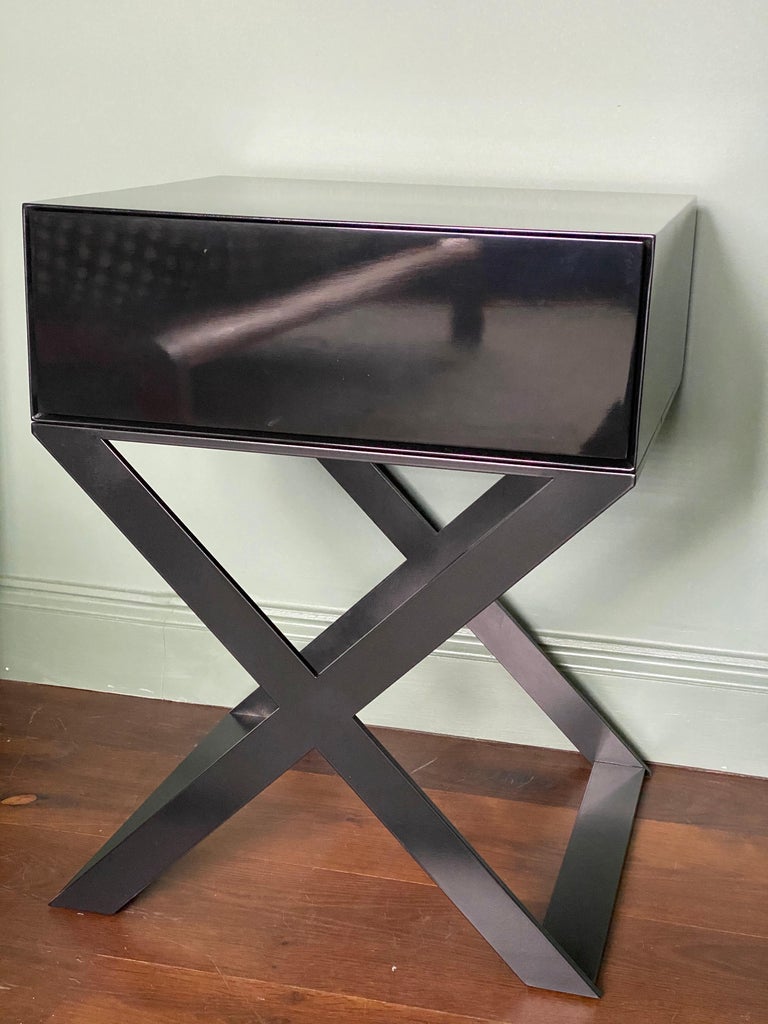 Pair of XLeg Bedside Table in Black Lacquered and Black Steel Legs For