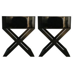 Pair of X-Leg Bedside Table in Black Lacquered and Black Steel Legs