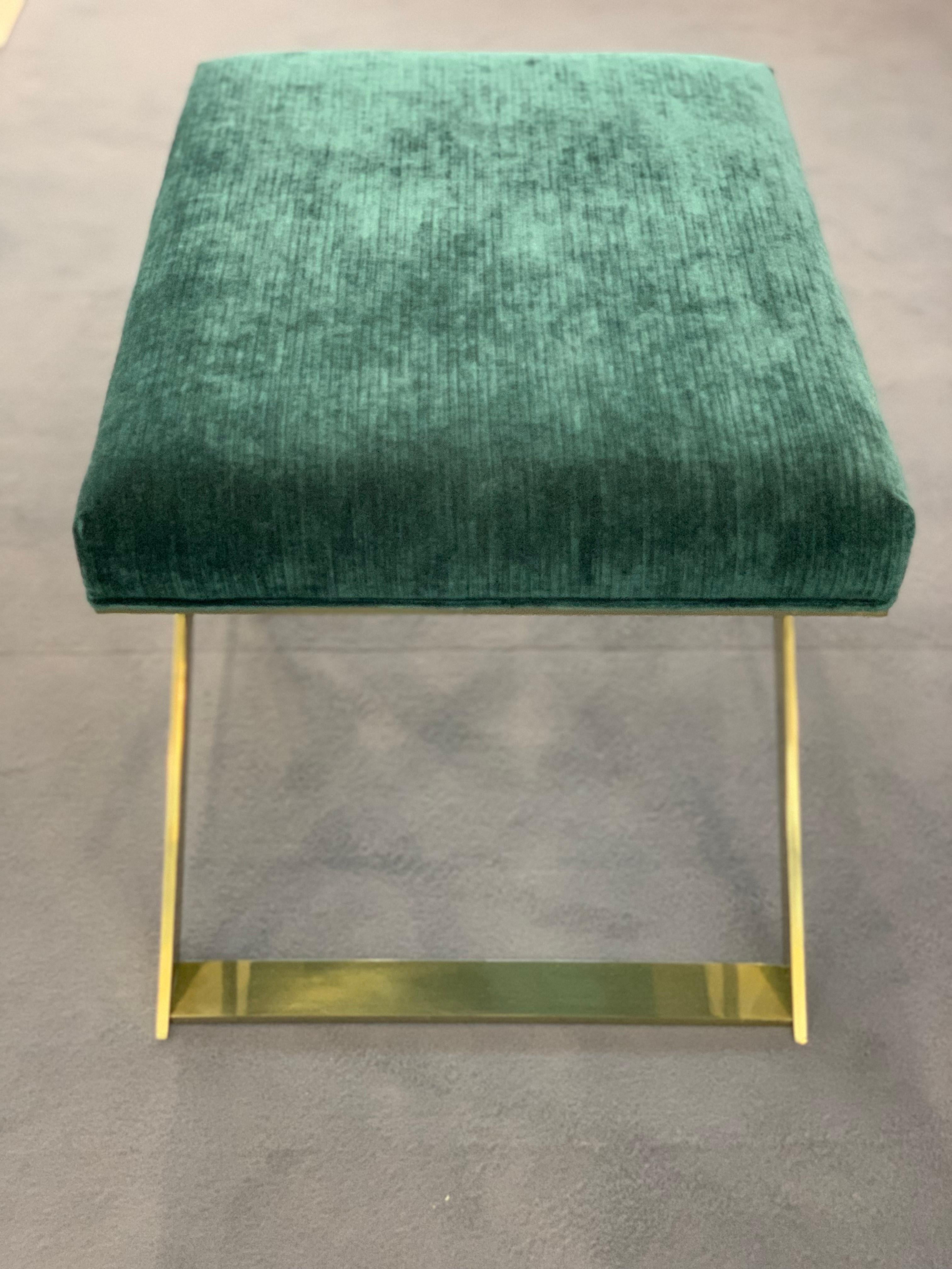 Pair of X-Leg Stool in Polished Brass and Teal Ribbed Velvet For Sale 1