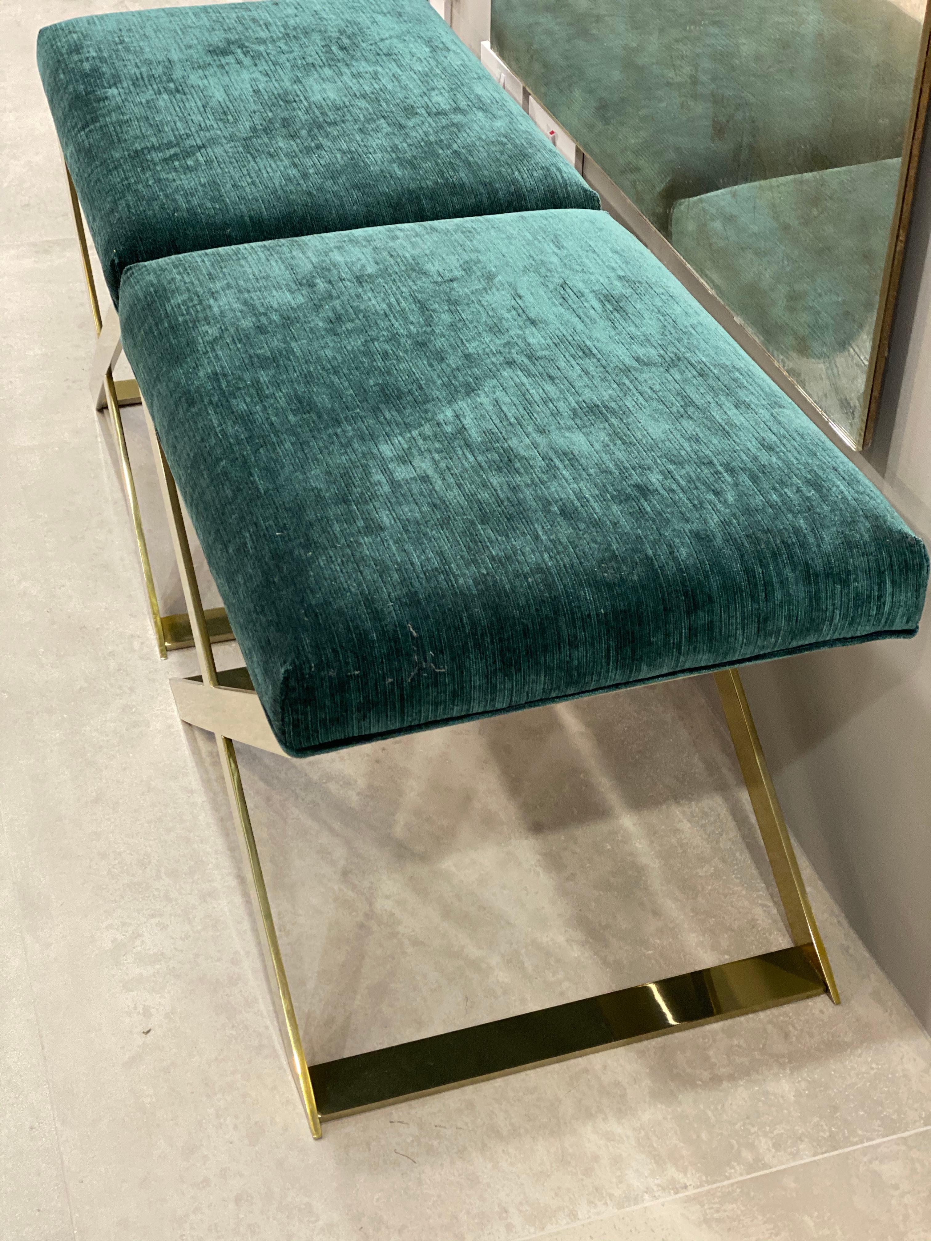 Pair of X-Leg Stool in Polished Brass and Teal Ribbed Velvet For Sale 2