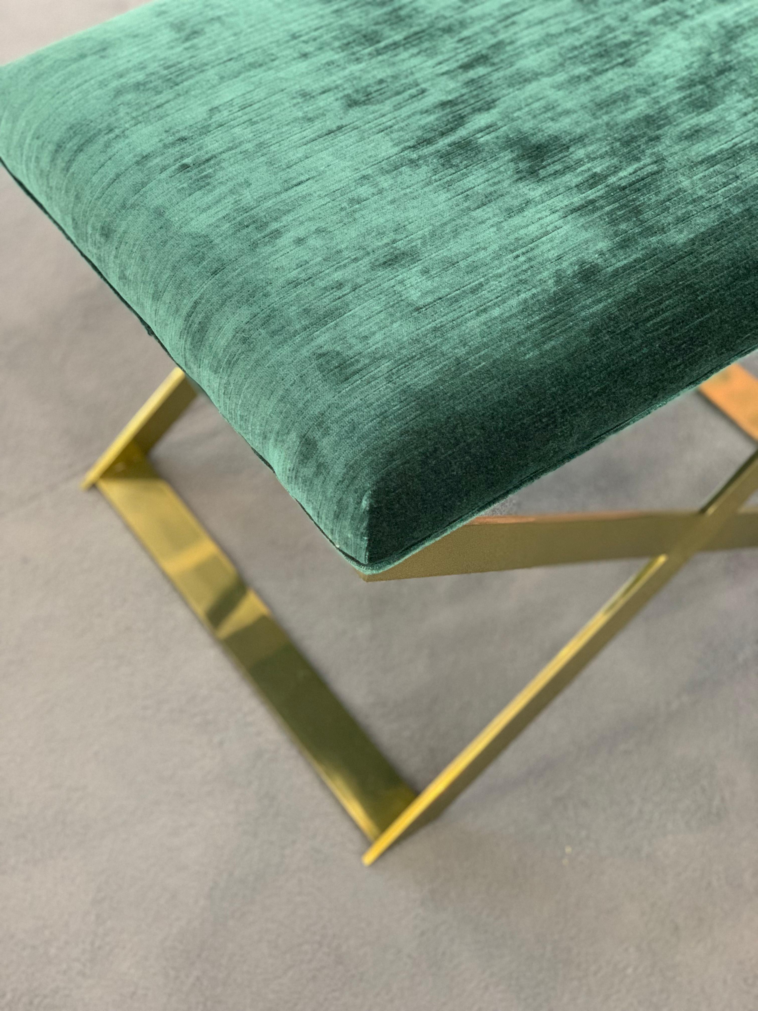 Industrial Pair of X-Leg Stool in Polished Brass and Teal Ribbed Velvet For Sale