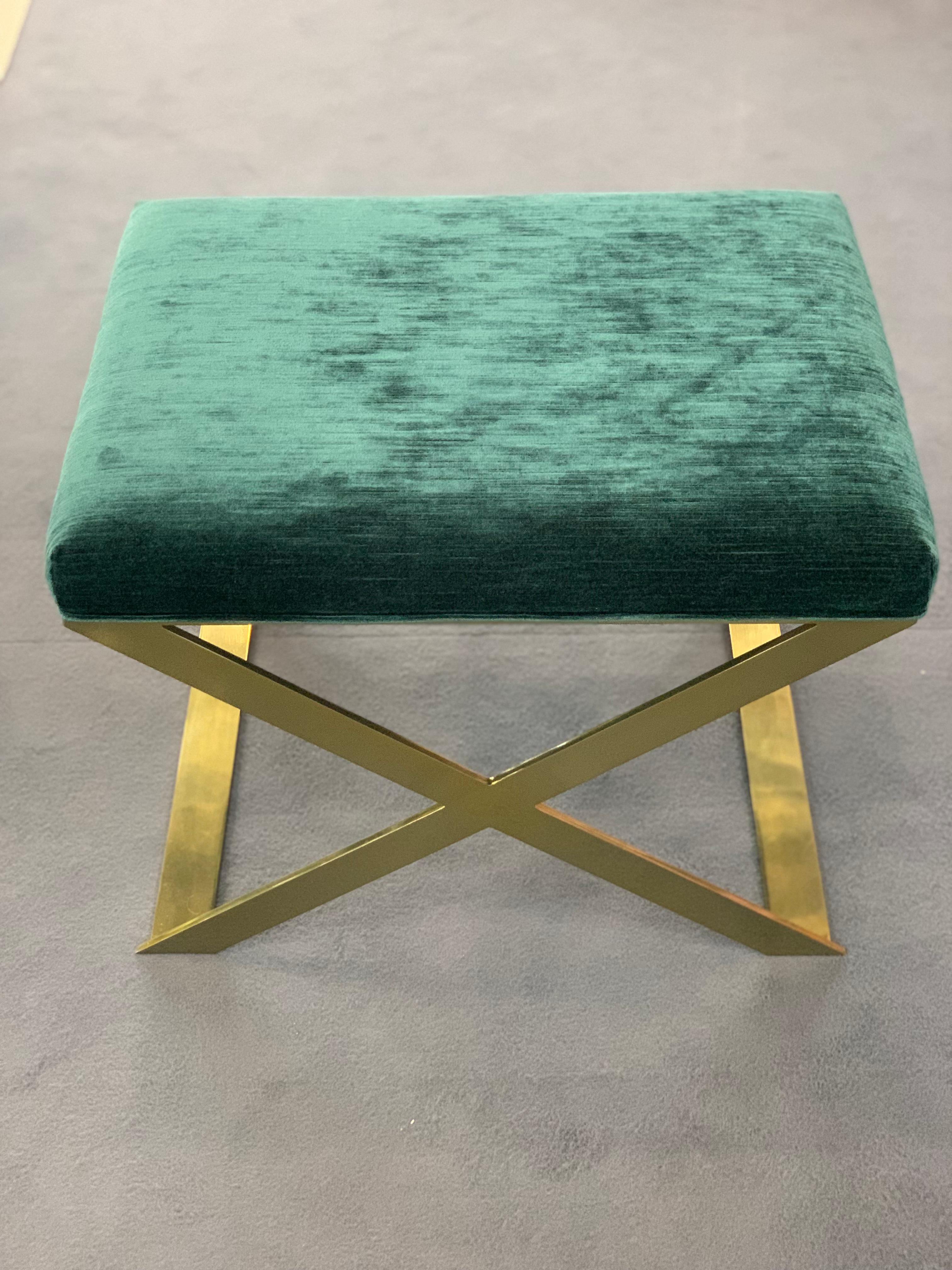 Plated Pair of X-Leg Stool in Polished Brass and Teal Ribbed Velvet For Sale