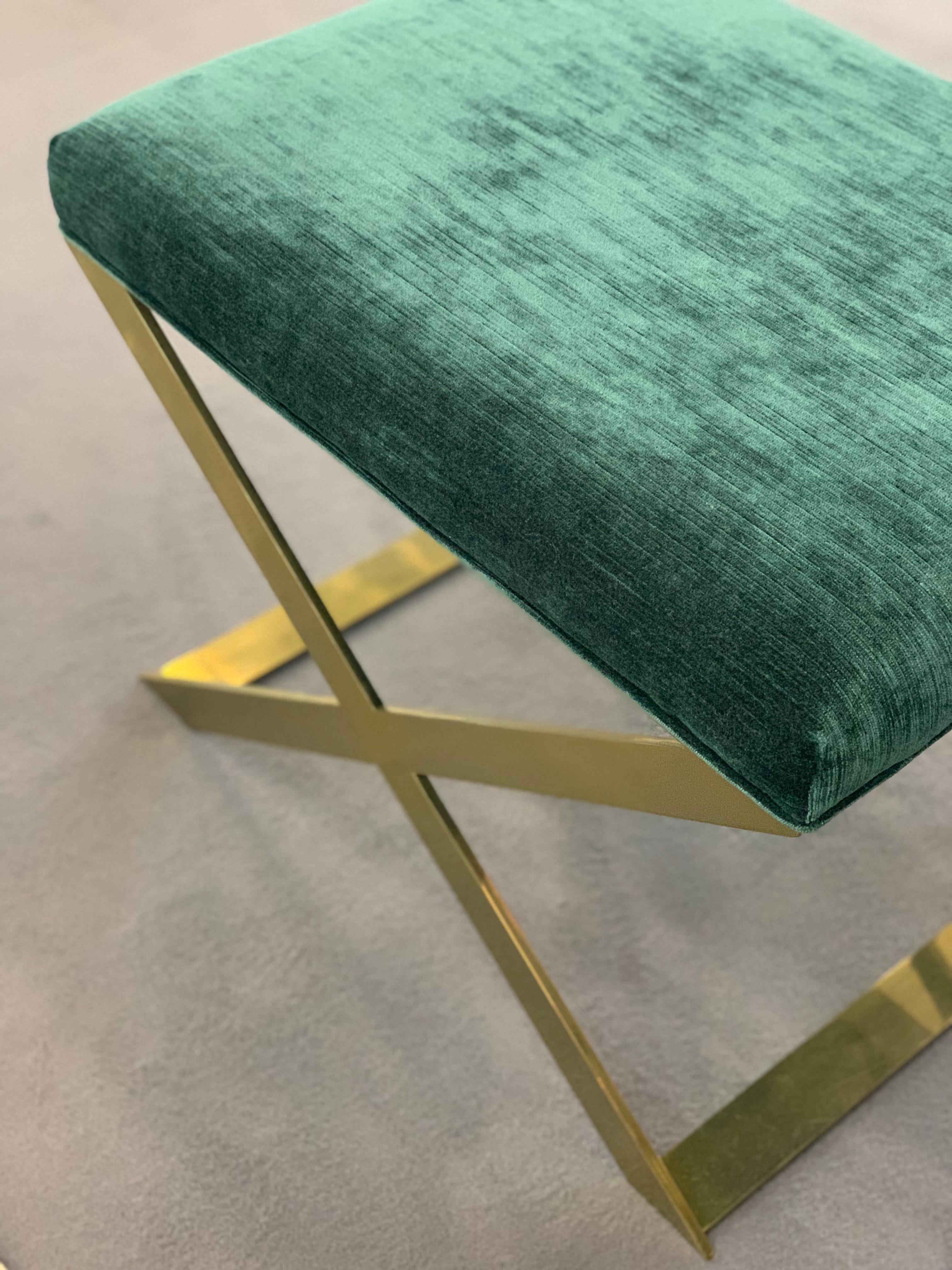 Pair of X-Leg Stool in Polished Brass and Teal Ribbed Velvet In New Condition For Sale In London, GB