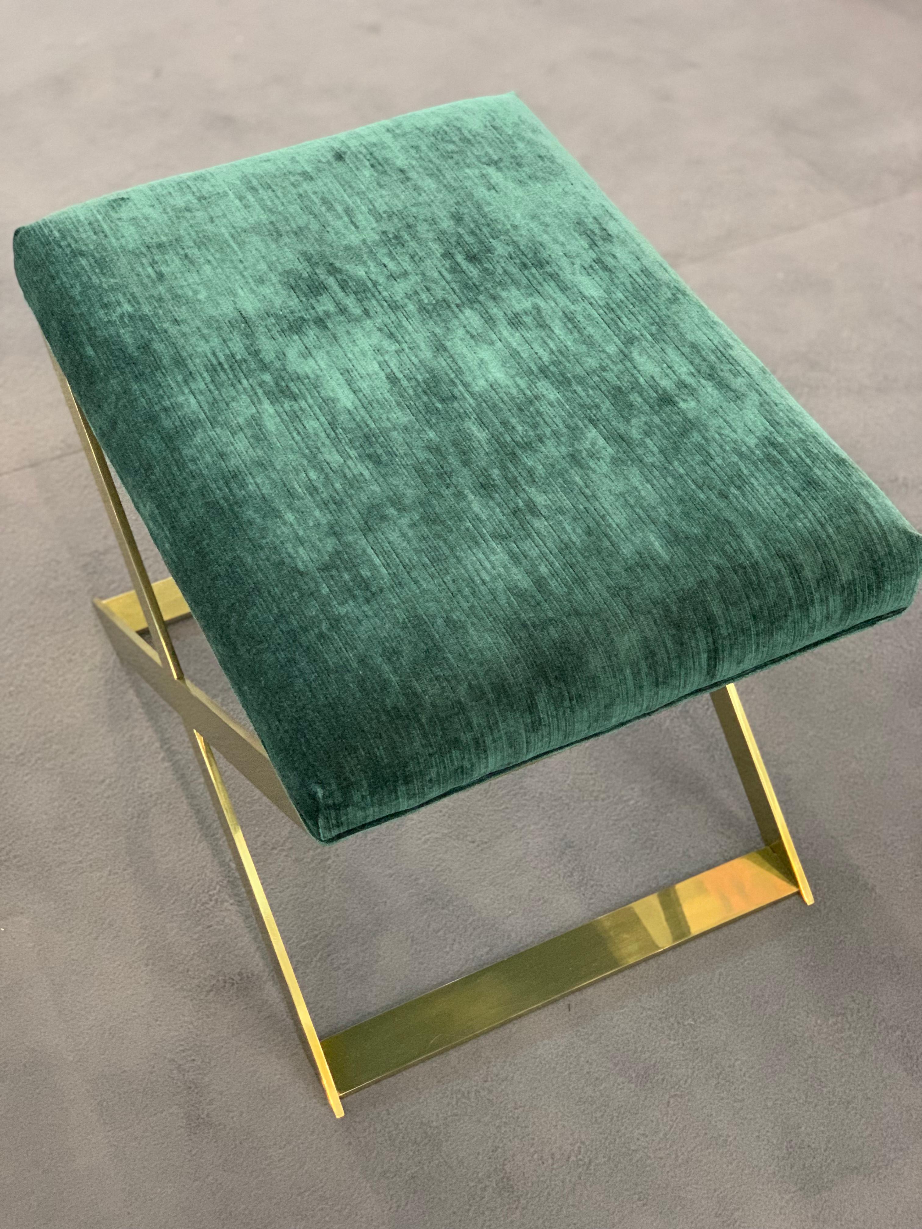 Contemporary Pair of X-Leg Stool in Polished Brass and Teal Ribbed Velvet For Sale