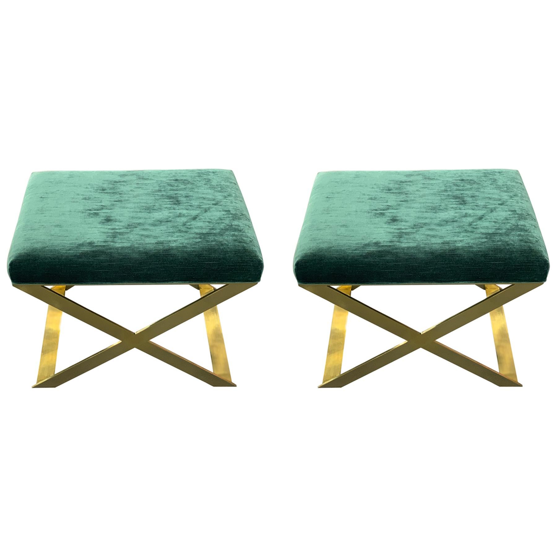 Pair of X-Leg Stool in Polished Brass and Teal Ribbed Velvet For Sale